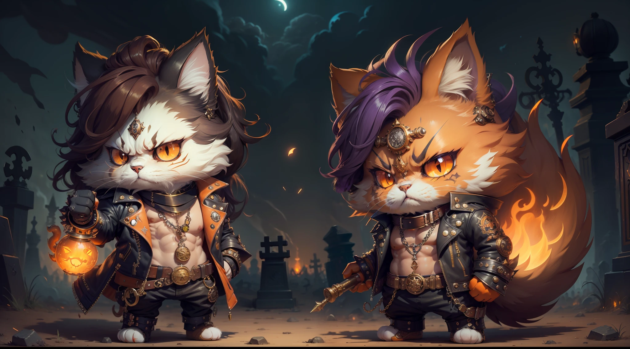 persian cat Anthropomorphic, steampunk ,, , studded leather jacket with intricate ornamentation orange and purple , pirate steampunk theme,, , highest quality,, very angry face, body fitness, full body, long hair with braids , at night in the cemetery with fireflies