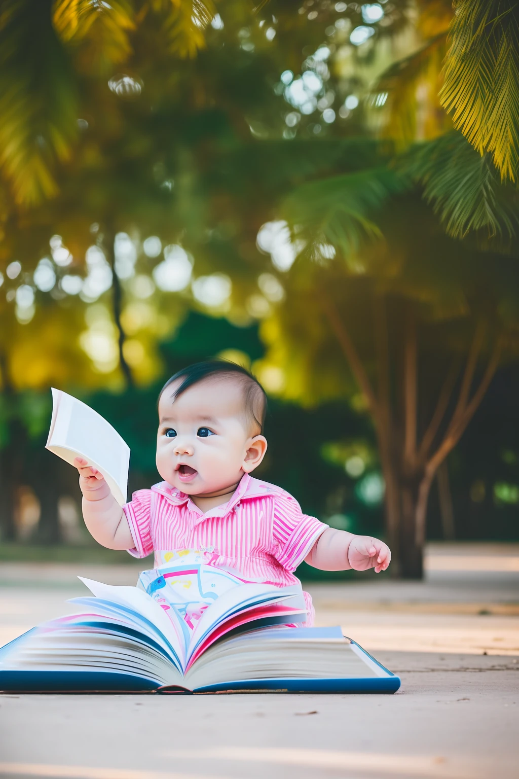 (Asian 1 year old baby，ultra-wide-angle，Low viewing angle，wide wide shot), Big wind， (Huge open book)， Sit on a book，outside，playground， There was a lot of paper floating in the air，bookbag，Learn，