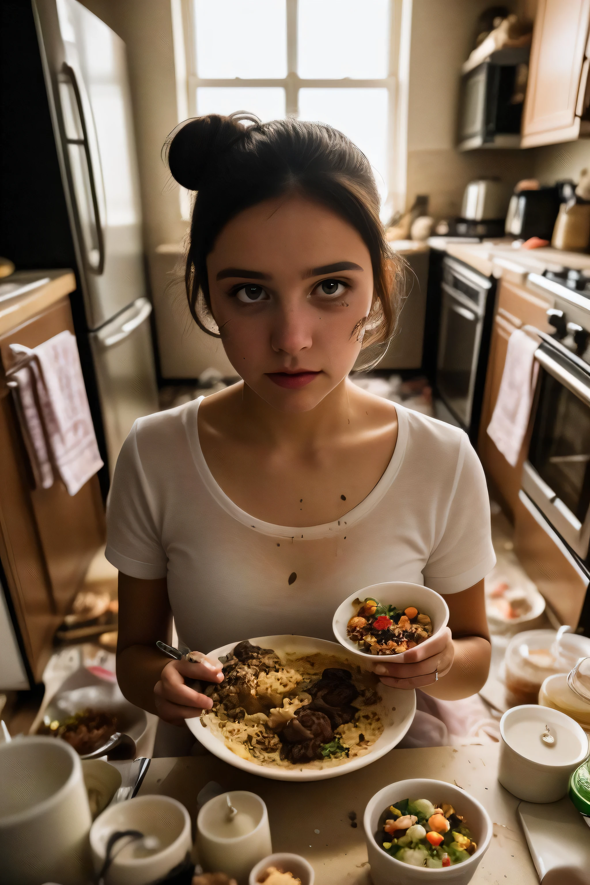 1girl, pretty, cutie, petite, slim, perfect body, perfect eyes, ((brunette)) messy bun hair, in the kitchen, looking at the camera, cooking, food on the walls food mess, food everywhere, messy, gross, food fight, perfect face and eyes, film grain, cinematic, lens bokeh, epic composition, natural lighting, photography, hyperrealistic, double exposure, blurry, motion blur, absurdres, highres, high quality, best quality, masterpiece, intricate,