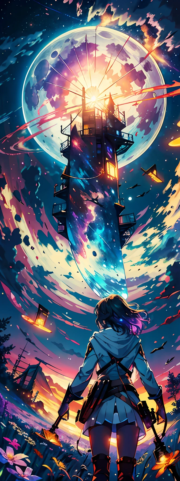 expansive landscape photograph , (a view from below that shows sky above and open field below), a girl standing on flower field looking up, (full moon:1.2), ( shooting stars:0.9), (nebula:1.3), distant mountain, tree BREAK
production art, (warm light source:1.2), (Firefly:1.2), lamp, lot of purple and orange, intricate details, volumetric lighting BREAK
(masterpiece:1.2), (best quality), 4k, ultra-detailed, (dynamic composition:1.4), highly detailed, colorful details,( iridescent colors:1.2), (glowing lighting, atmospheric lighting), dreamy, magical, (solo:1.2)