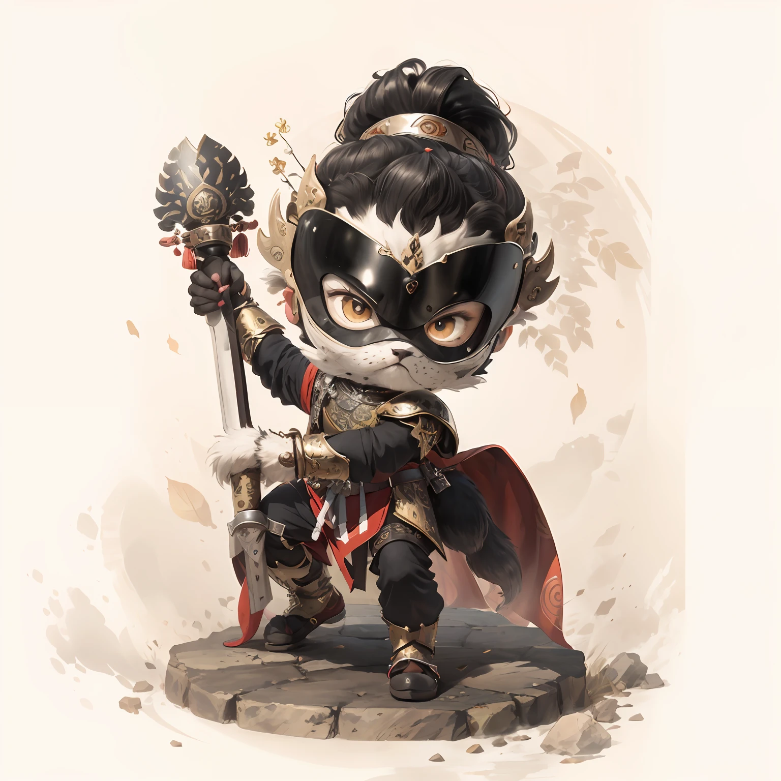 male people，Male characters，tchibi，Bad，Armed mace，Mace weapons，Ancient Chinese weapons，The handle has a delicate pattern，Shoulder blades，metal breastplate，chainmail，Animal pattern cuirass，chest plate，Bracers，Flowing hem，China-style，Chinese-style clothing，Chinese shoes，There are beautiful patterns on the weapon grips，ultra-realistic realism，anaglyph，stereograms，Fine painting，Refinement，infinite details，high definition detail，Patterned，Pattern，Blank background，Bright colors，Metal edging