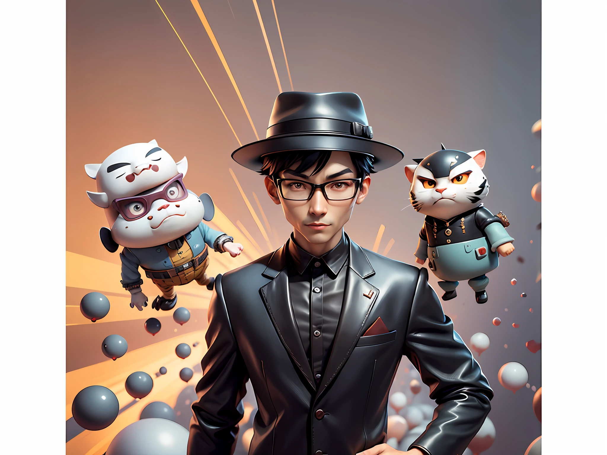 Young man with oriental face in leather hat, tiger, oriental face in formal suit, short black hair, silver glasses, digital painting, 3D character design by Mark Clairedon and Pixar and Hayao Miyazaki and Akira Toriyama, the illustration is a high-definition illustration in 4K resolution with very detailed facial features and cartoon-style visuals.
