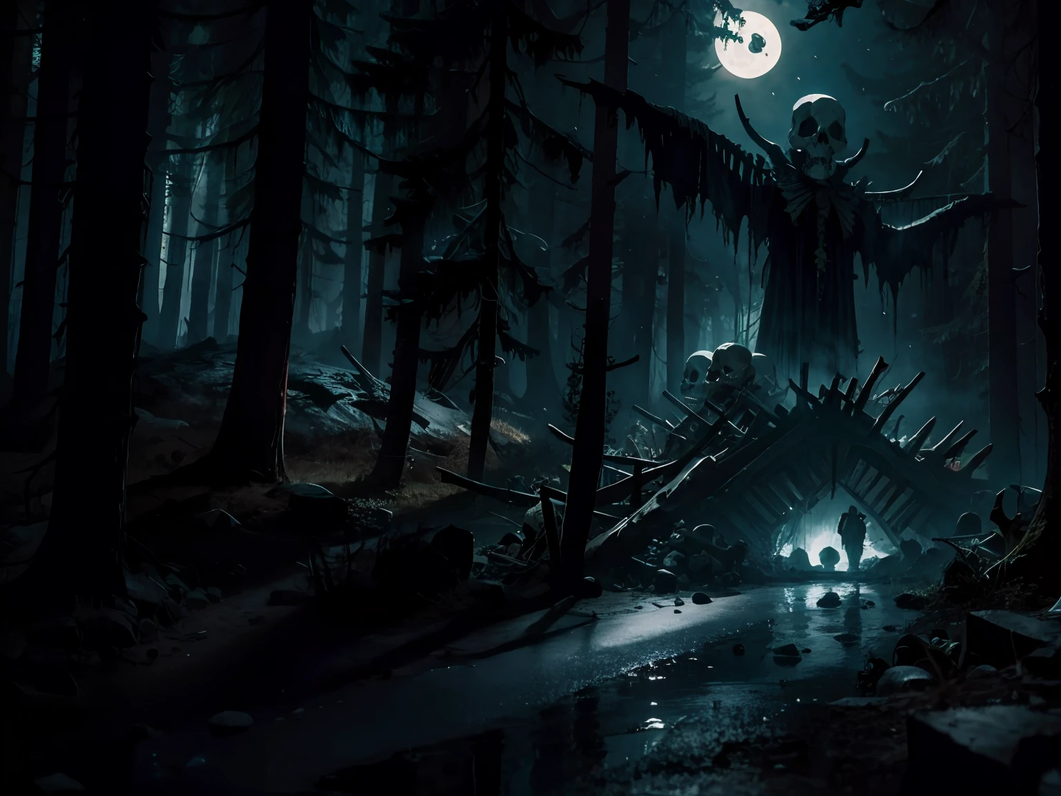 HUMAN BONES AND SKULLS STACKED IN A DARK, DARK FOREST AT NIGHT WITH MOONLIGHT, Clima denso, gothic horror vibes, arte de fantasia de terror, cores mortas