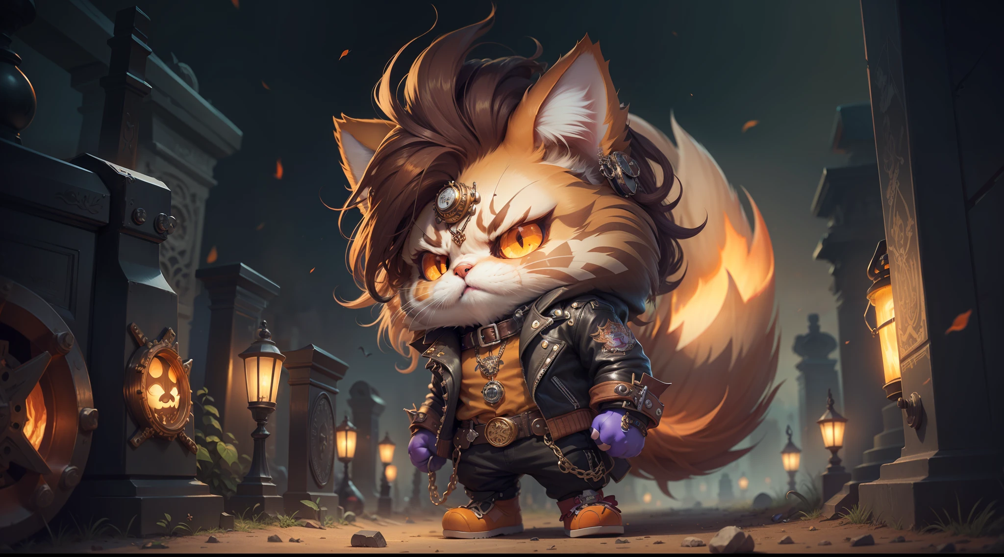 persian cat Anthropomorphic, steampunk ,, , studded leather jacket with intricate ornamentation orange and purple , pirate steampunk theme,, , highest quality,, very angry face, body fitness, full body, long hair with braids , at night in the cemetery with fireflies