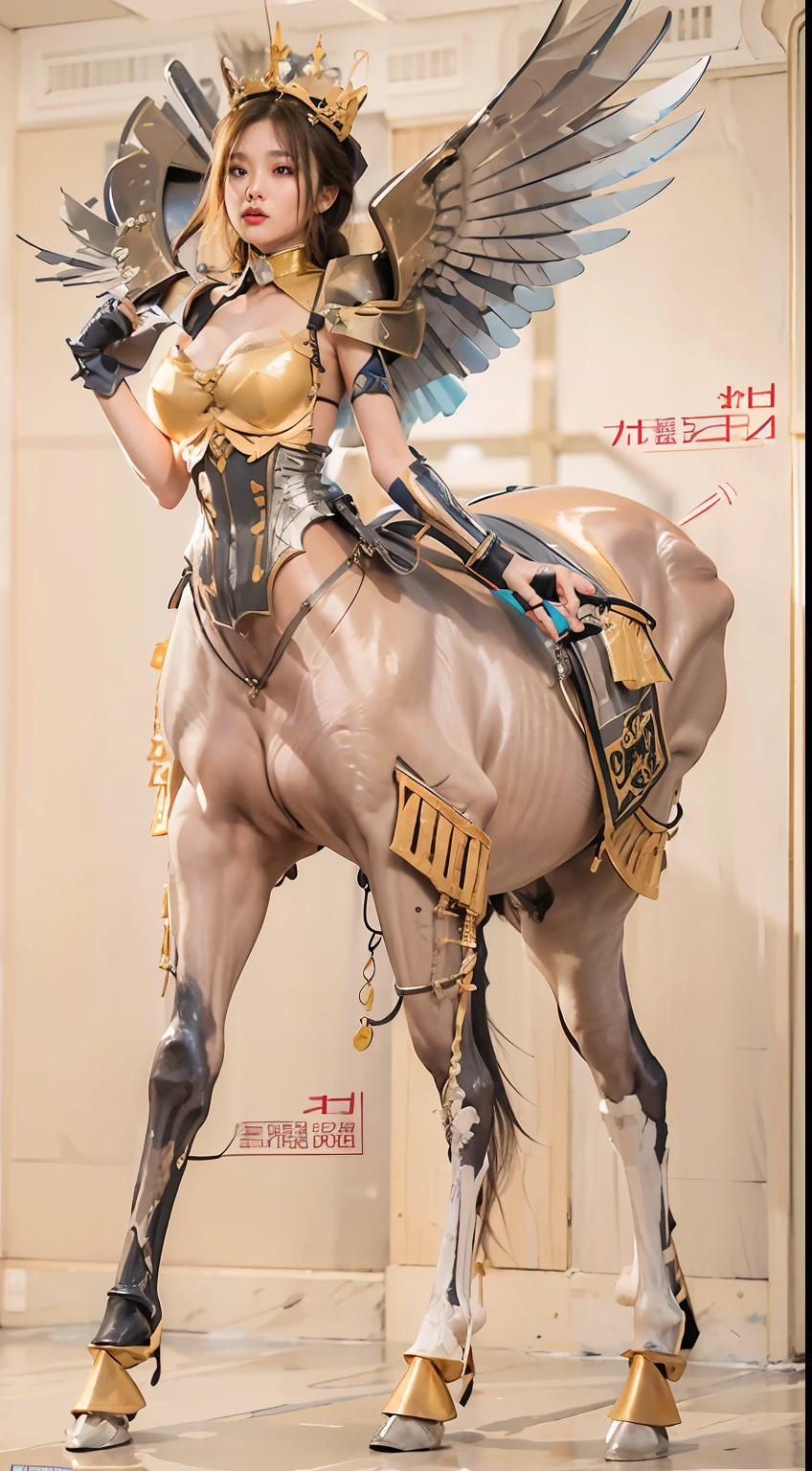 A female centaur,She is famous in the multiverse,She is both a female centaur, half human, half horse, half horse,It is also a female Yingzhao。She blends both images,The first is the head of a horse/neck/Shoulder these parts,After feminization,The upper body transforms into a beautiful female human,Female, half-centaur, half-human, half-horse, half-human,The second is the waist of the horse/hason/gluteal/Legs feminine,Female half-horse with beautiful woman's,Chimer,It's like a female human wearing a half-horse-like costume and making a seamless chimera,This chimerization is based on powerful futuristic technology。The ultra-wide-angle lens captures the image of her beautiful and ethereal wings on the ionosphere launching a super-high-speed charge and leaping。Her front half is distinctly feminine,Tall sexy body,Has K cup teardrop-shaped giant tit chest,It has a small man's waist butterfly spanning long legs,The half-horse part of the hind body,Embedded interface at the hip position。Her horse-shaped part has female physiology and ergonomics on both the half-horse torso and hips and legs。The chest cavity of a woman in the shape of a bent dog style embedded in the lower back position of the beautiful woman's body starting from the upper part of the sternum/lower back/Ventral transverse。Then there are the sexy beauty's upright hips,Her entire body has been completely feminized,Including the half-horse part。Mechanized armor covers the legs with knee-shaped anti-joints and feet,And these parts are highly anthropomorphic,This makes her legs graceful and slender,Her four horse legs exploded in length proportions and was slender and toned,Under the legs are skinny white feet dressed in Skyscraper Heels,Use Midjourney's advanced stroke tools and color palettes, as well as texture packs, model packs, and texture tools,Concentration,Include all parts of her original horse physiology including fur/Waist and abdomen/Hip legs/Leg Capital Feminization,And give these parts a correspon