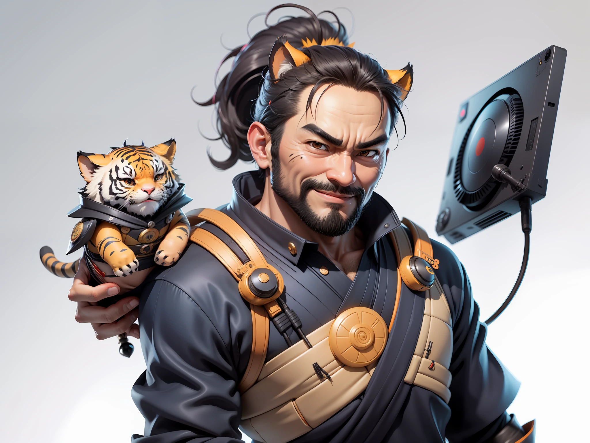 (Daisaku),(Need),(Super meticulous),(full bodyesbian:1.2),Super young man with Japanese geisha,Beautiful,orient,one tiger,Aeolian Thor,Raised sexy,爆乳,Oriental face,TV Anchor,Bust portrait illustration,In black suit,a blue tie,The face is slightly chubby,The face was clean,without a beard,Black super short hair,Black eyes,Smile confidently,3C computer sub-products,iPad, iphone,Digital painting,3D character design by Mark Clairen and Pixar and Hayao Miyazaki and Akira Toriyama,The illustration is a high-definition illustration in 4K resolution,With very detailed facial features and cartoon-style visuals。