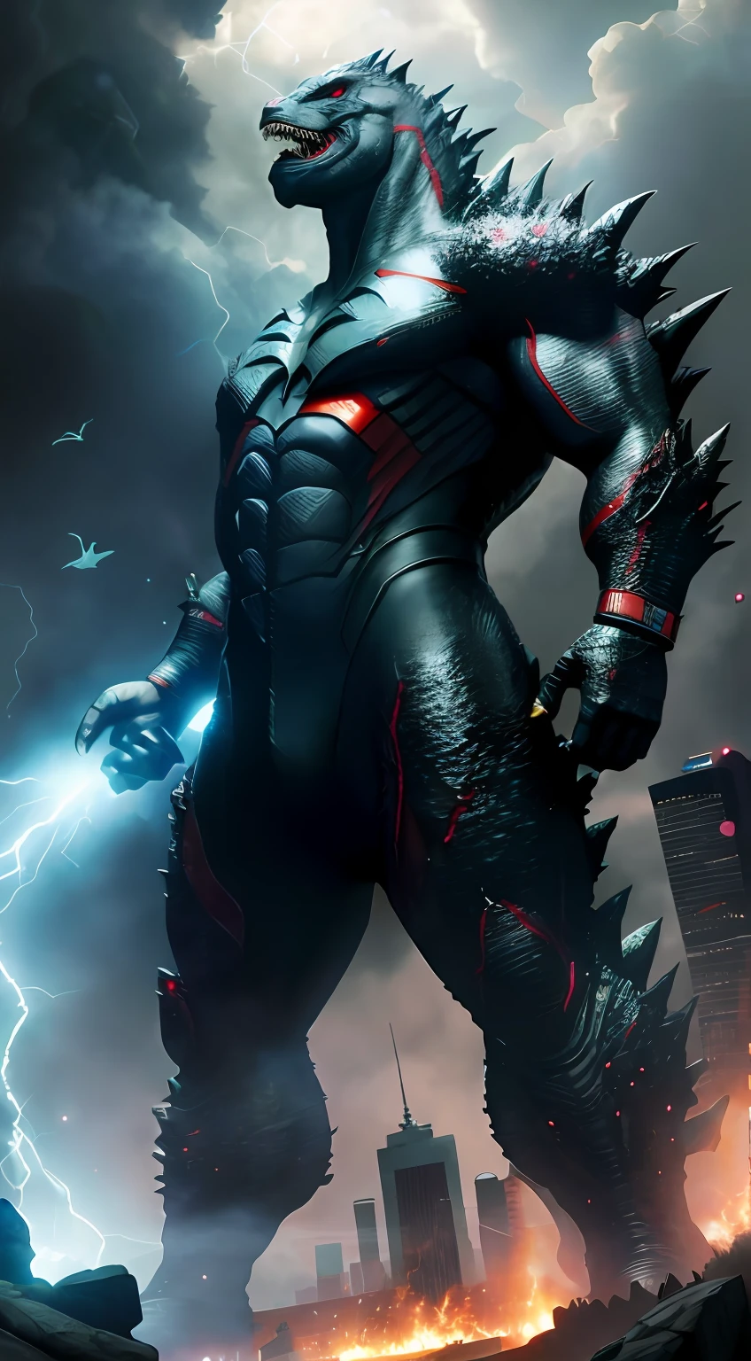 Godzilla rises in the city,Lightning came out of it, dwayne johnson as spiderbatman, wojtek fus, Badass anime 8 K, menacing!, manticore, Godzilla, in a menacing pose, from pacific rim, HQ 4K wallpaper, menacing!!!, guyver dark hero, author:Arthur Penn, hyper realistic fantasy monster,Ultraman features are more obvious