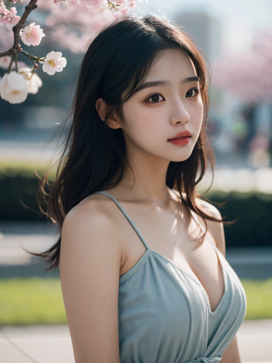 filmg， film portrait photography， 1girll，（fully body photo：1.5）， tmasterpiece， Best quality at best，8k，hyper HD，realisticlying，fully body photo，shot from a far distance，in a panoramic view， exposed bare shoulders， Wavy shoulder-length hair， peacful， peacful， （Realistic detailed eyes， Natural skin texture， Realistic facial details）， Soft dramatic lighting， depth of fields， Bokeh， vibrant detail， finedetail， hyper realisitc， 35mm film， Hazy and blurry，Hyperrealistic, 24 years old, Model body, cleavage, Beautiful breasts,cherry blossom, Sunlight