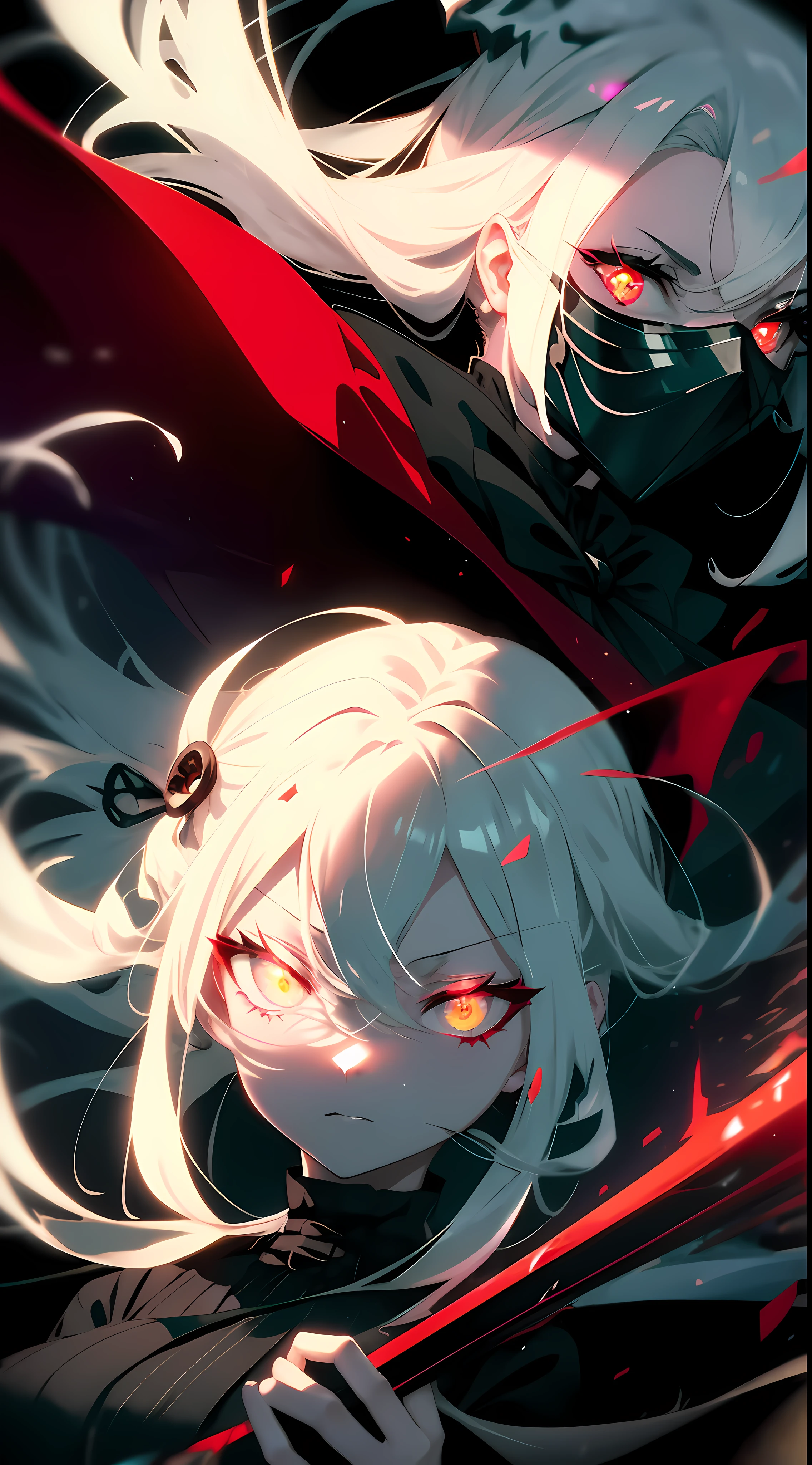 1girl , half face skull masked, dark red glowing eyes, white hair, wearing grim reaper outfit, dark green light green cinematic aura background, her hand holding skull and scythe in her back