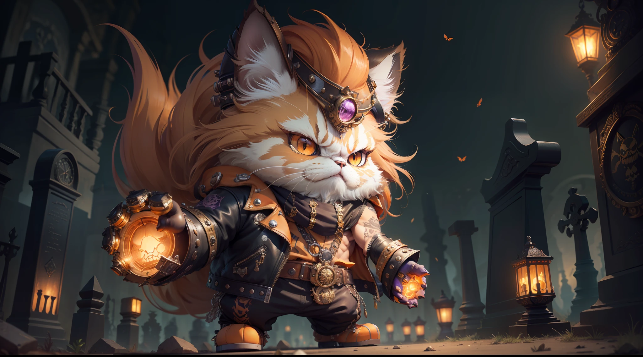 persian cat Anthropomorphic, steampunk ,, , studded leather jacket with intricate ornamentation orange and purple , pirate steampunk theme,, , highest quality,, very angry face, body fitness, full body, long hair with braids , at night in the cemetery with fireflies