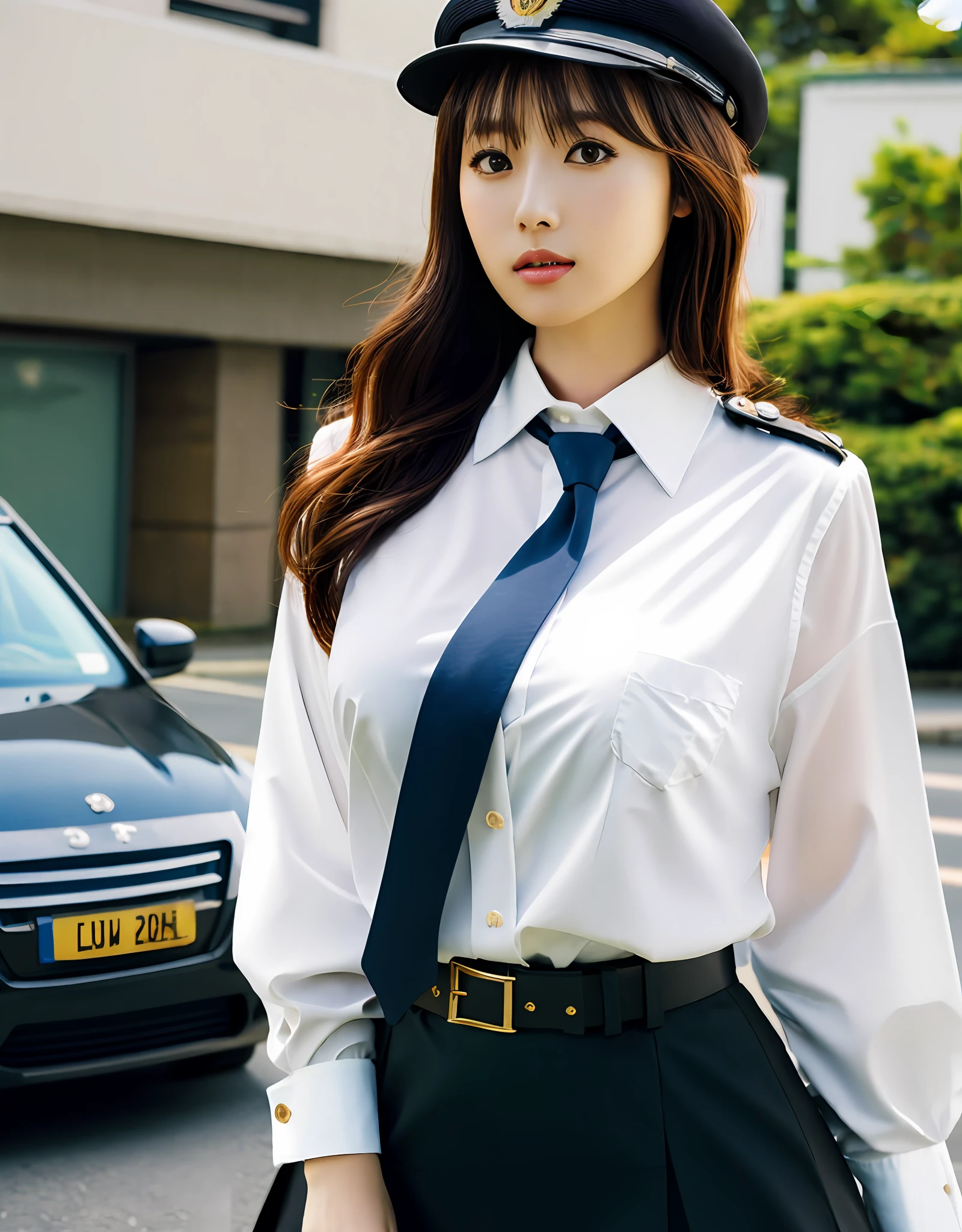 Skirt, police, Outdoors, hat, neck tie, breasts, Multiple girls, Shirt, Large breasts, motor car, Police Uniform, mountain road, Solo Focus, Street, black necktie, ground vehicle, day, Car, Looking at Viewer, Sunglasses, Long hair, policewoman, uniform, 3女の子, Black skirt, Lips, Miniskirt, White shirt, Black hair, Brown hair, Parted lips, Collared shirt, Police Hat, Long sleeves, skyporn, pencil skirts, Belt bag, building, looking over eyeware, Realistic, School uniform, Standing, Bag, Brown eyes, shirt tucked in, amazing, finely detail, masutepiece,Best Quality,Official art, absurderes, unbelievable Ridiculous, huge filesize, Ultra-detailed, hight resolution, Extremely detailed,masutepiece, Best Quality, 超A high resolution, 8K, Raw photo, (Soft Focus:1.4),photographrealistic,Large breasts,
(masutepiece), Best Quality, Expressive eyes, Perfect face,