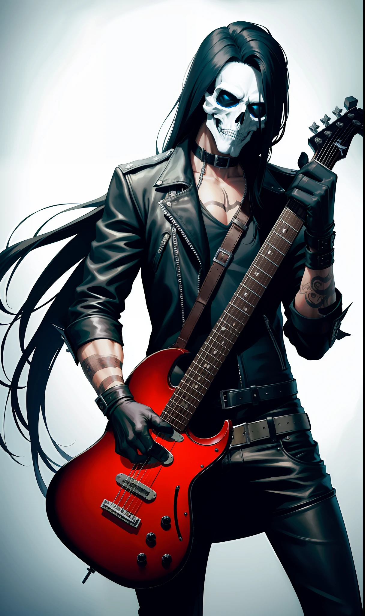 Portrait of a Metal Guitar:4 hero skelton face with leather clothes and very long hairs