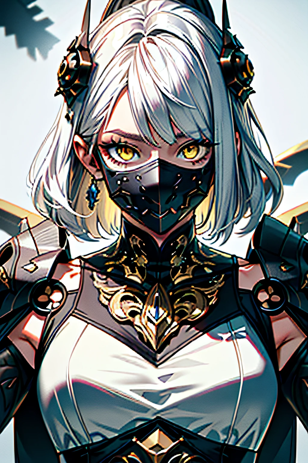 (masterpiece:1.2,high quality), 1girl, ((ultra realistic details)), global illumination, shadows, Dynamic Lighting, Unreal Engine, octane render, 8k, ultra sharp, metal, intricate, ornaments detailed, highly intricate details, yellow eyes, (mechanical body:1.2), white hair, (black mask), Gear, Apocalypse,