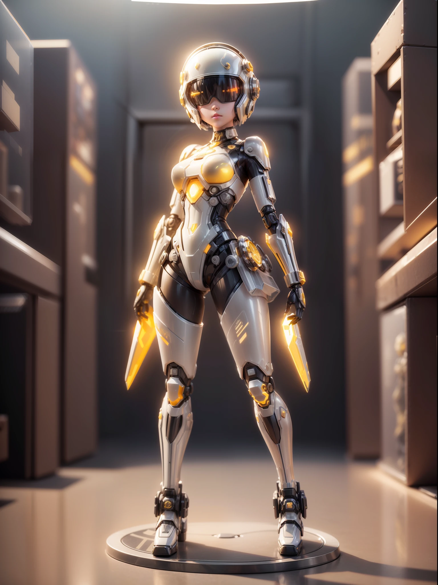 (Blind box toy style:1.2), (Full body shot) , (1 transparent cute girl)((solo)) Mechanical metal body,transparent armor,transparent opaque helmet, cyberpunk style, dreamy glow, Clean background,black and gold style,(circular base) ( Global illumination, Ray traching, hdr, unreal render,reasonable design, high detal, Masterpiece, Best quality, hyper HD, Cinematic lighting)