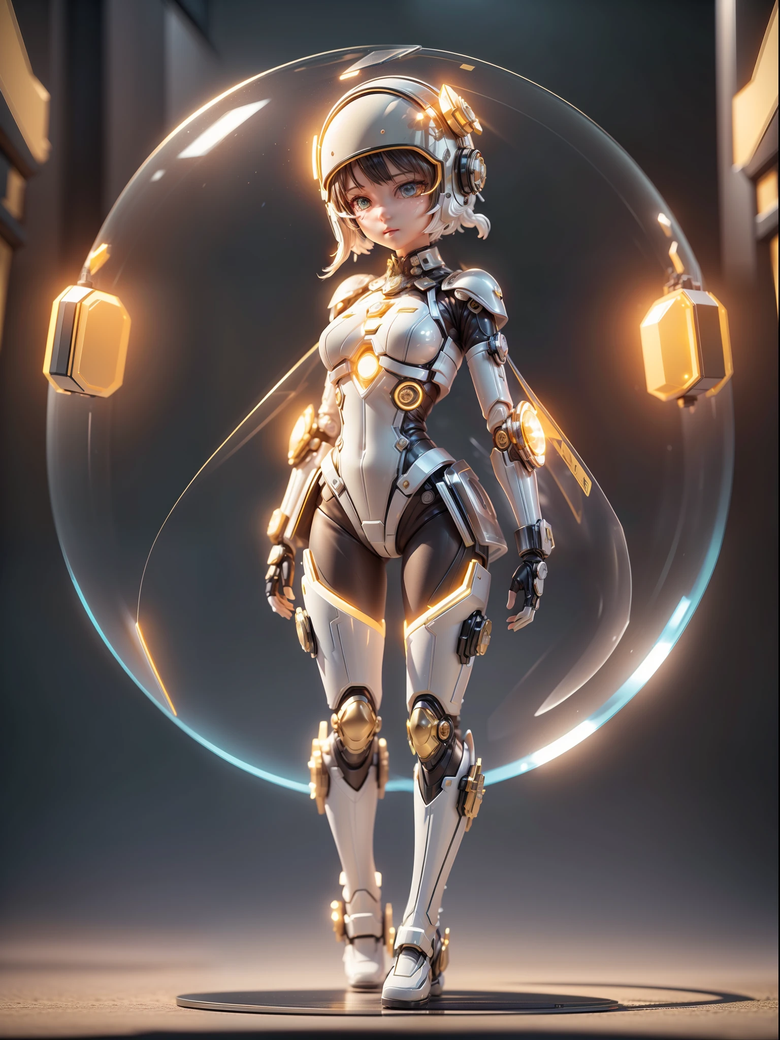 (Blind box toy style:1.2), (Full body shot) , (1 transparent cute girl)((solo)) Mechanical metal body，transparent armor，transparent opaque helmet, cyberpunk style, dreamy glow, Clean background,black and gold style，(circular base） ( Global illumination, Ray traching, hdr, unreal render,reasonable design, high detal, Masterpiece, Best quality, hyper HD, Cinematic lighting)