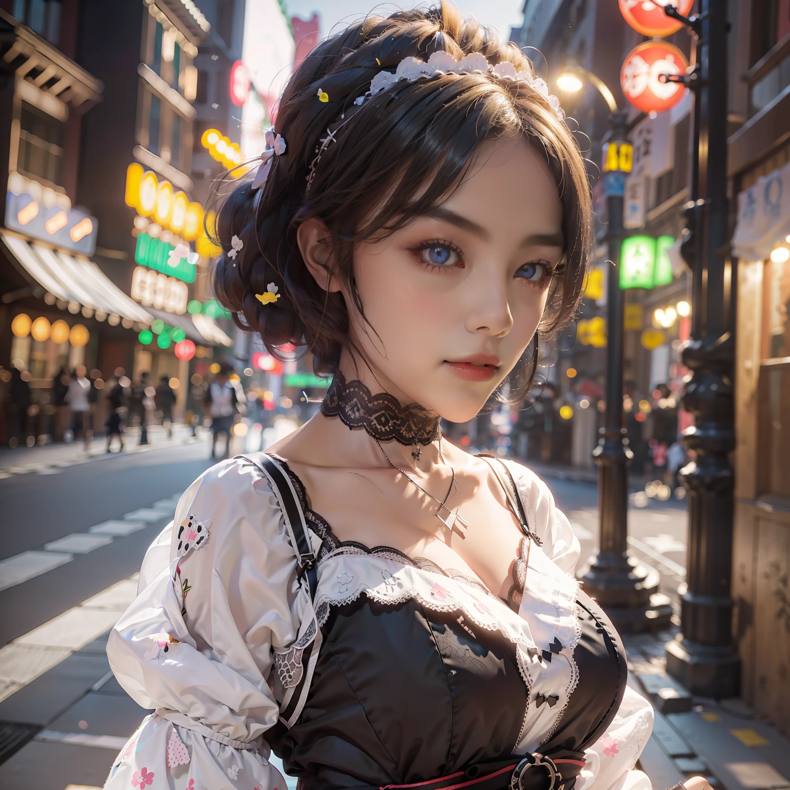 1 girl, solo, (short hair), japanese idol, perfect figure, beautiful eyes double eyelids, gothic lolita fashion, 26 years old, downtown like Harajuku, broad smile, upper body, blow a wind, slim body, hands behind back