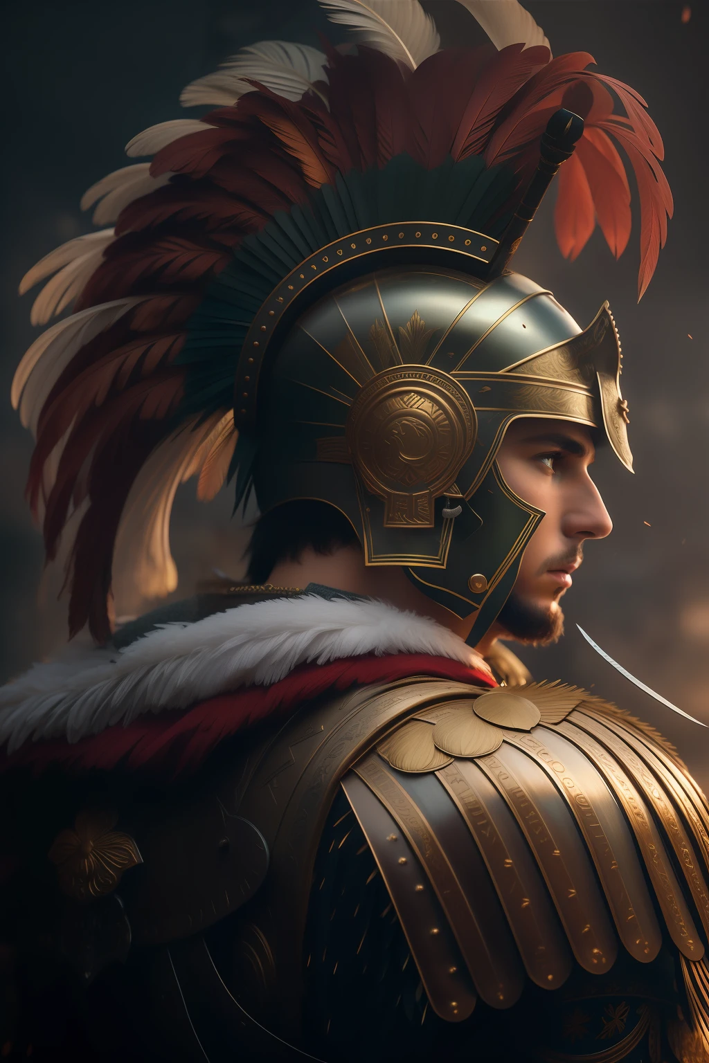 There's a man in a helmet and feathers on his head, roman centurion, Retrato de um guerreiro, pintura detalhada 4K, Imperador Romano, Retrato de um guerreiro masculino, Roman legionary, 8k arte detalhada de alta qualidade, Soldado antigo, inspirado em Roman Bezpalkiv, Wojtek FUS, 4K fantasia detalhe, Directed by: Roman Bezpalkiv