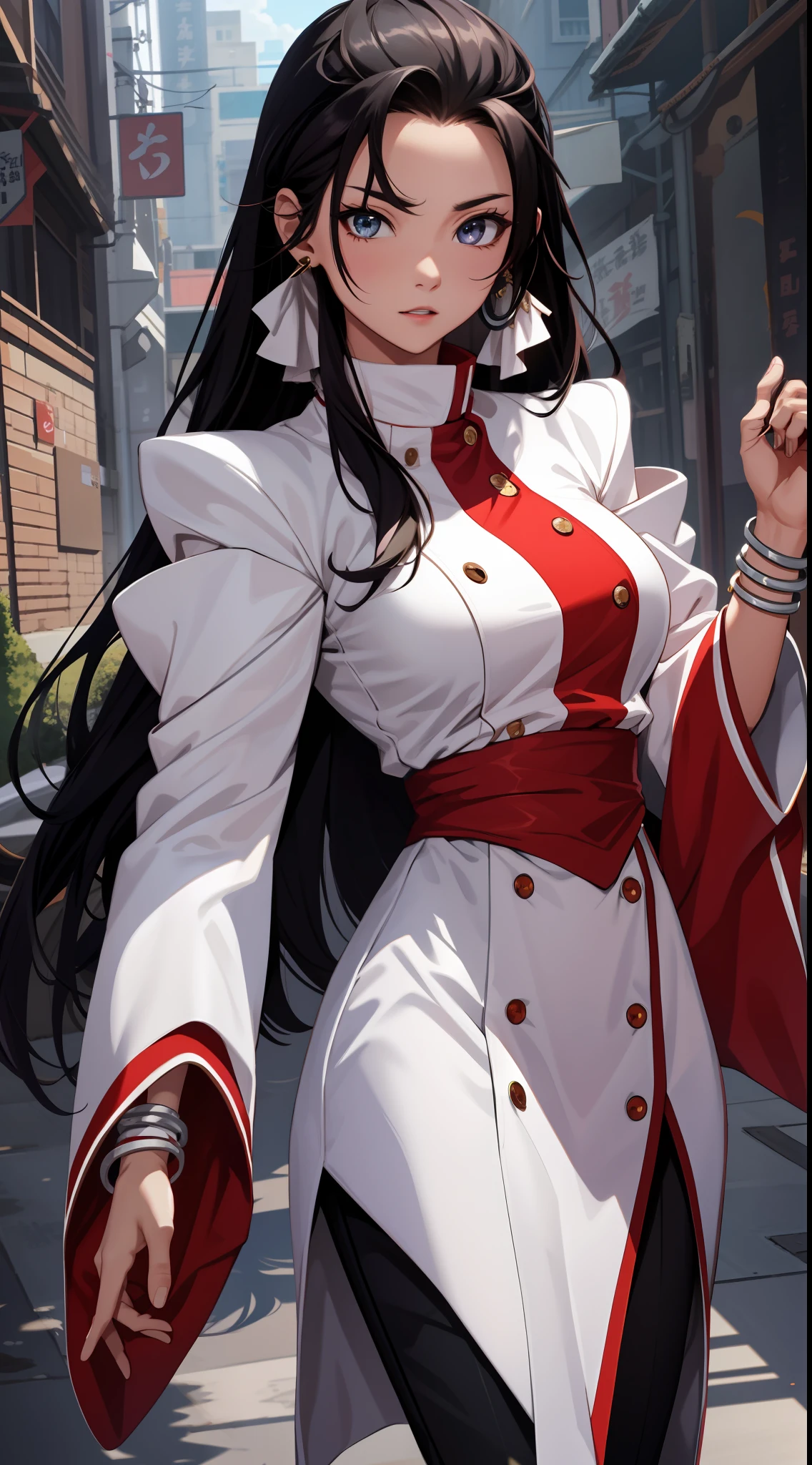 (tmasterpiece,best qualtiy,A high resolution,统一 8k 壁纸,Extremely detailed CG:1),(illustratio:1.0),1girll,chizurums,shairband,jewely,耳Nipple Ring,Wide sleeves,obi strip,bangle,Black pantsuit,Large breasts,Off-the-shoulder attire
