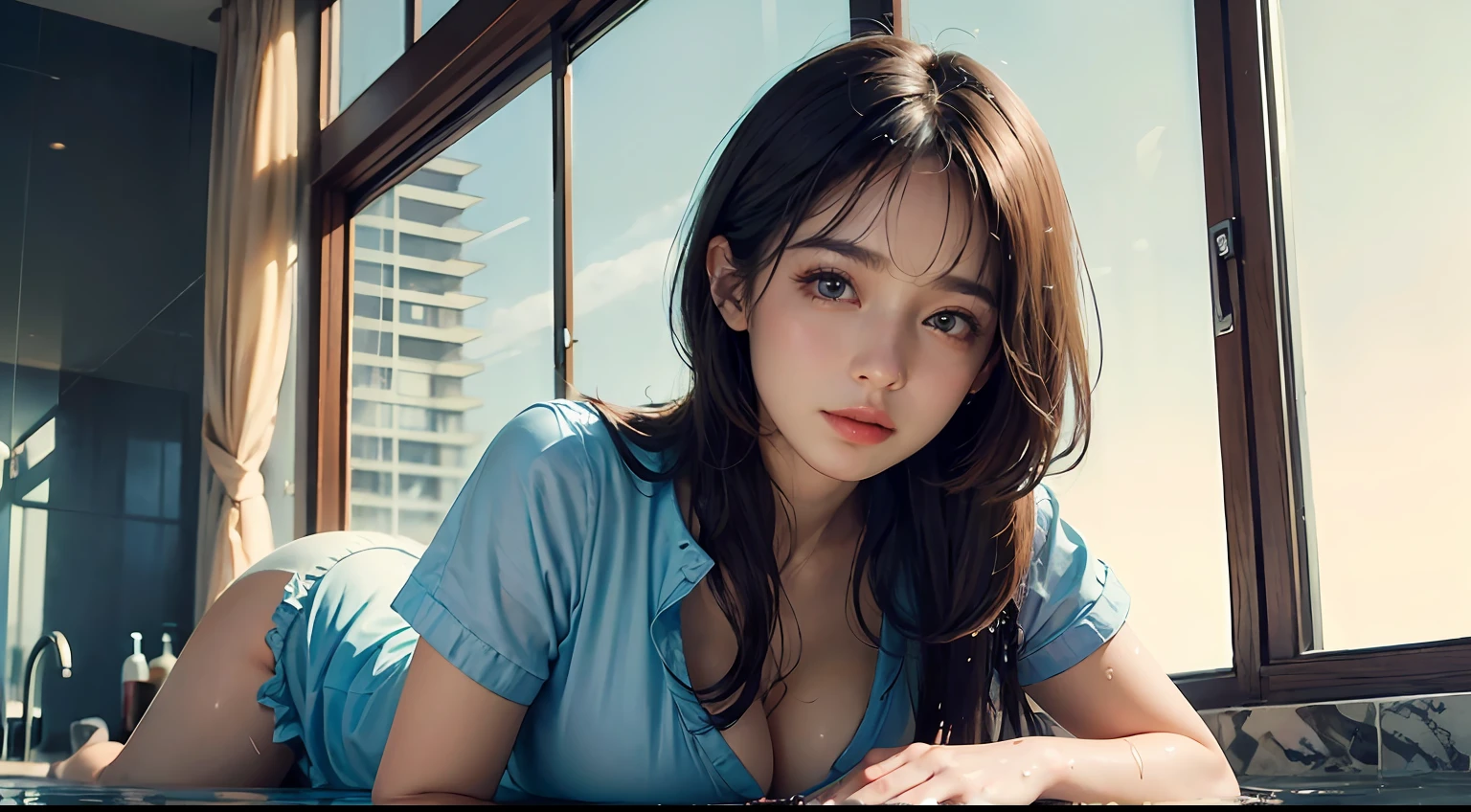 Masterpiece,Best quality,offcial art,Ultra-detailed CG unified 8K wallpaper, (hdr:1.4), (Cinematic), (pastel colour, dim colors, soothing tones:1.3), (Natural skin texture, hyper photorealism, Soft light, Sharp),(Extremely detailed), Professional lighting, Radio City,((1girll，20yr old)), inside bathroom，Sunlight light，Best quality, Lots of details, Masterpiece, Ultra-detailed, illustration, Realistic, An extremely delicate and beautiful girl, Beautiful detailed eyes,8K_the wallpaper,Beautiful detailed girl, looking at viewert, Messy hair, Large breasts, side boobs, ((chest focus)), (Larger shirt，The areola is faintly visible，Looming genitals，pubes，Lie on your back in the water，drenched all over the body),  Unbuttoned, full bodyesbian, ((Sexual suggestiveness)), light  smile，