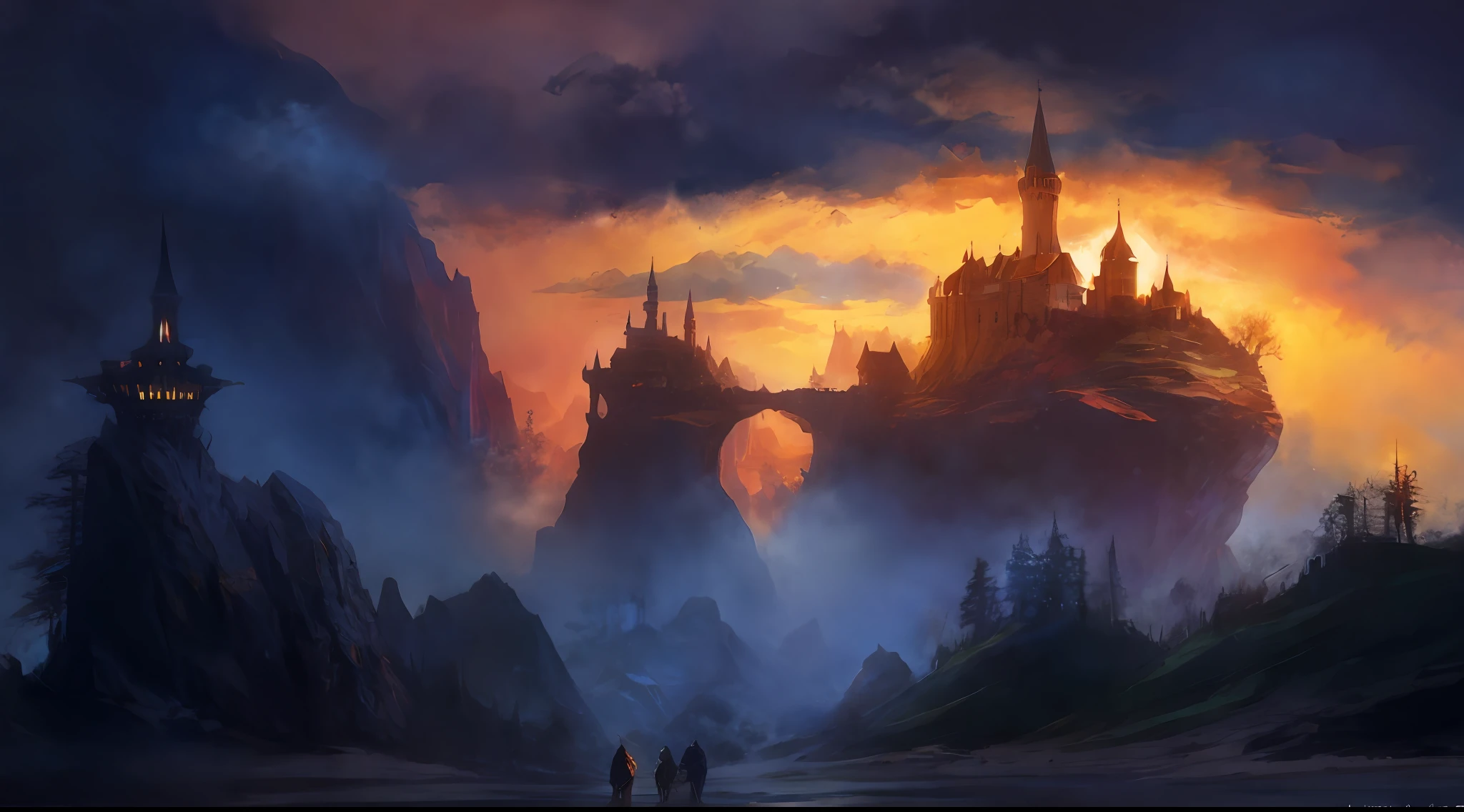 Painting of a castle on the hill, inspired by Andreas Rocha, Andreas Rocha style, medieval fantasy landscape, Lord of the Rings, fire dragon in upper left corner, sunset background, UHD, masterpiece, ccurate, super detail, high details, high quality, highres, best quality, award winning, 16k