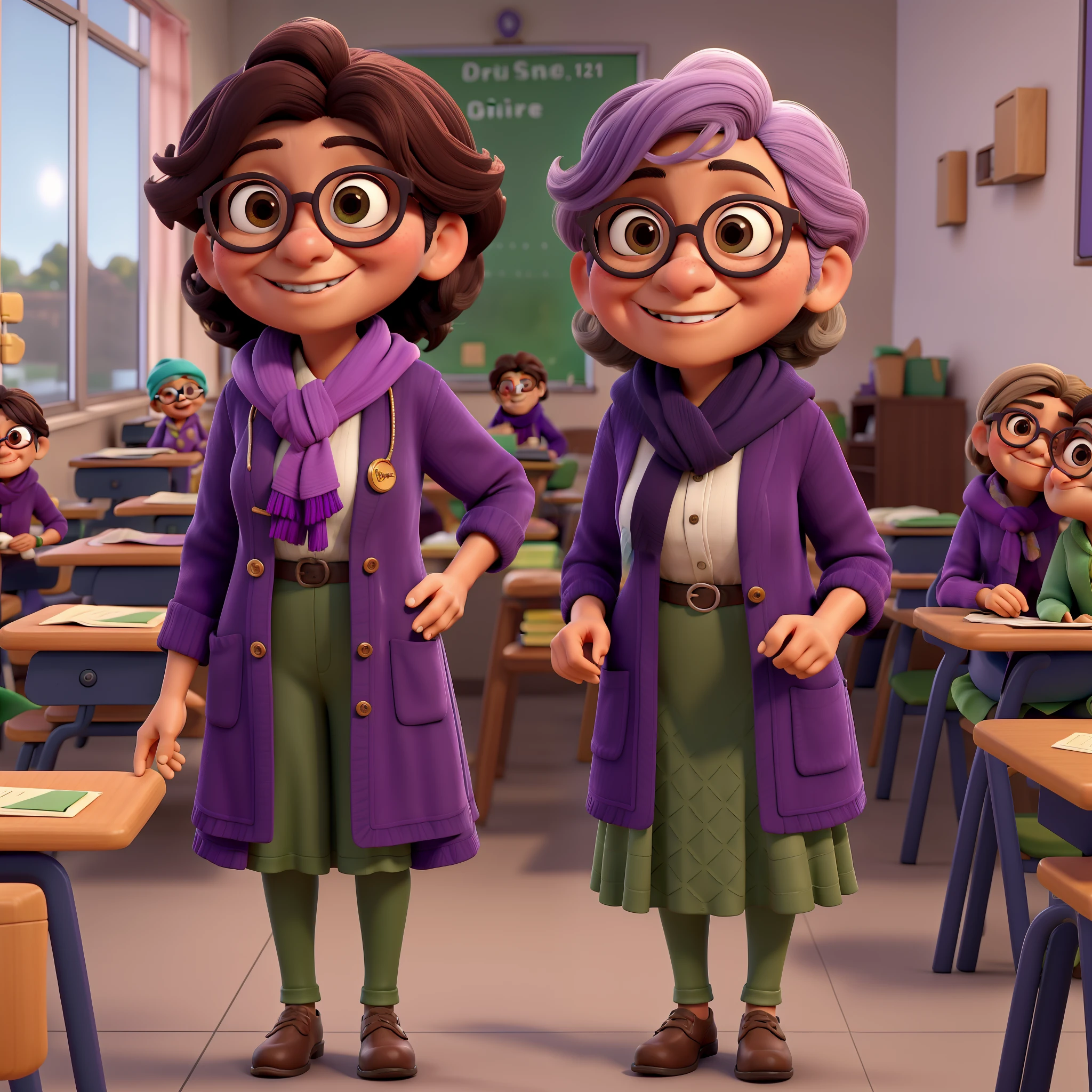 close-up de uma morena:2 em.....3d, coffee-colored skin:2, with a microphone in your hands, chibi digita ,Obra-prima, de melhor qualidade, an elderly woman with glasses , wearing a purple coat and green scarf, Standing in the classroom
