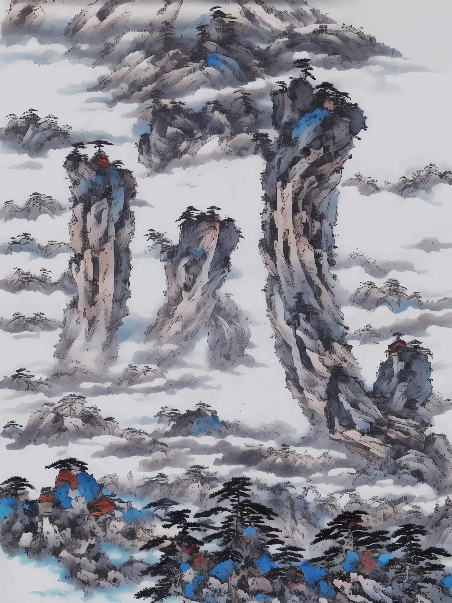 ((masterpiece)), ((best quality)), ((high-res)),((extremly details)), ((Ink wash)), ((artist)), a painting of longly mountain and pine_tree, 分支, no_humans, 户外, 风景, 鸟类, 瀑布,河流, 靛蓝颜料, zulishisong_style_mountains