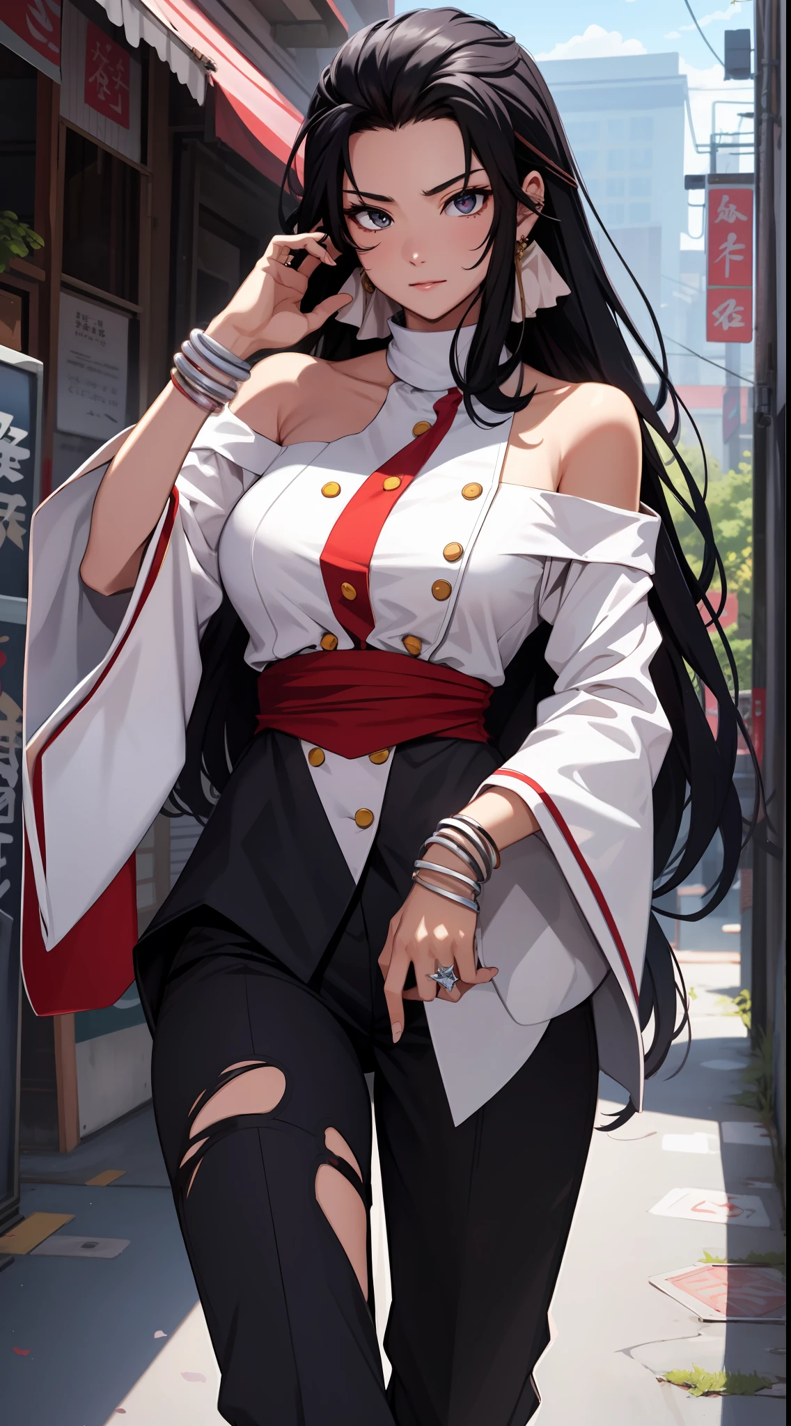 （tmasterpiece，best qualtiy，A high resolution，统一 8k 壁纸，Extremely detailed CG：1），（illustratio：1.0），1girll，chizurums，shairband，jewely，耳Nipple Ring，Wide sleeves，obi strip，bangle，Black pantsuit，Large breasts，Off-the-shoulder attire