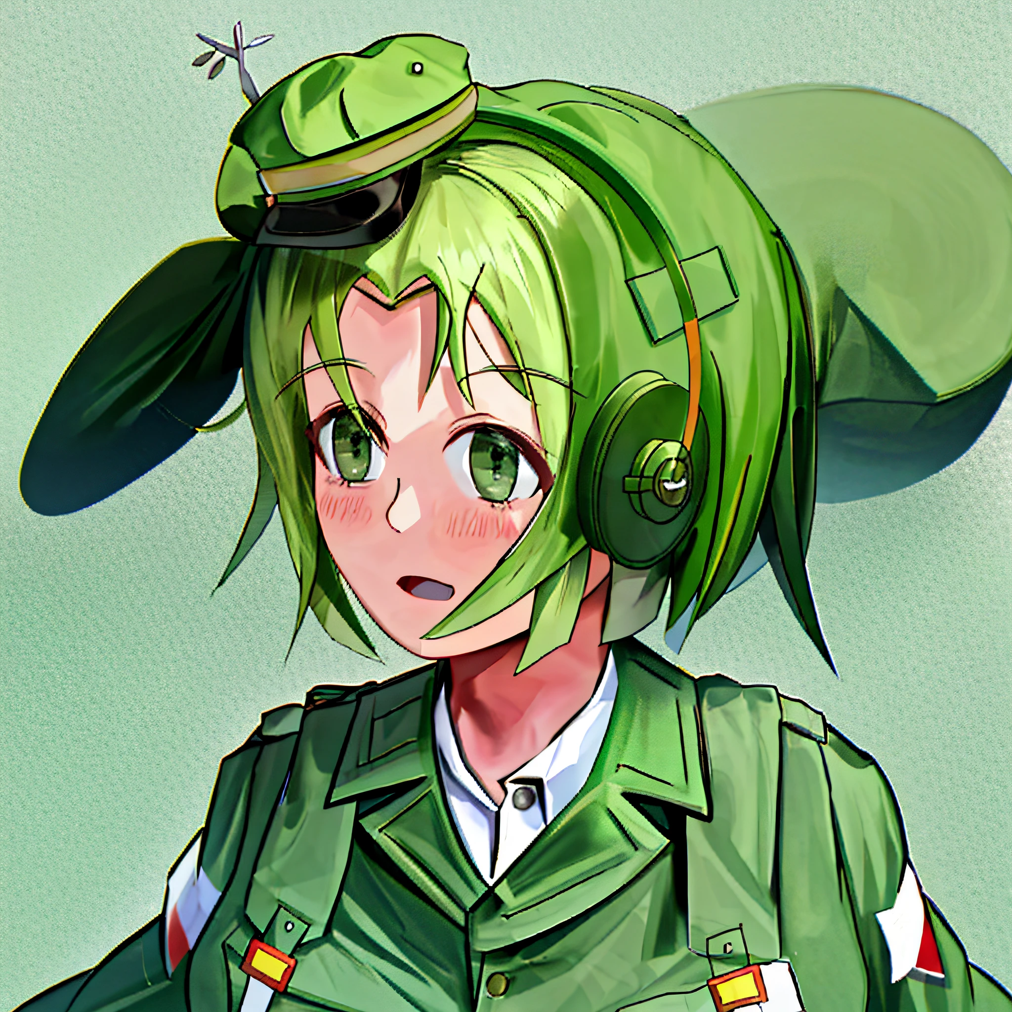 World War II US Army Green uniform Green hat Cute girl with short hair