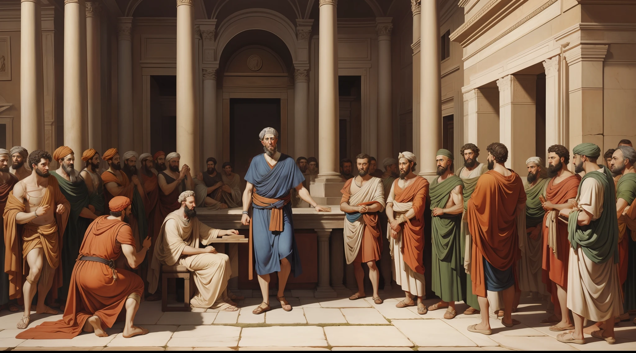 Marcus Aurelius teaching philosophical lessons to Roman citizens in the Forum, oil painting