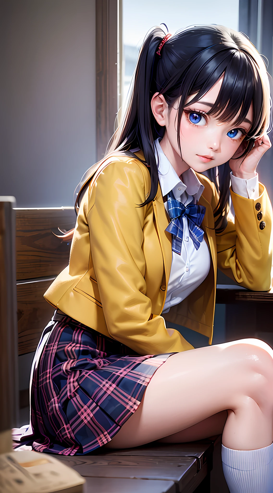 (Masterpiece, Best quality:1.2), Cowboy shot, Solo, 1girll, Takanashi millionaire, Expressionless, Closed mouth, view the viewer, Sitting, one side up, Heterochromia, Yellow eyes, Blue eyes, school uniform, Jacket, Plaid skirts