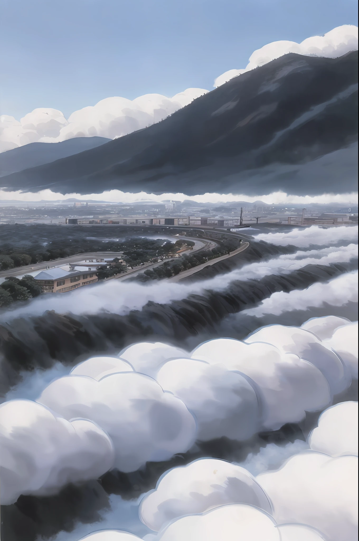 城市，mont，Eau，​​clouds