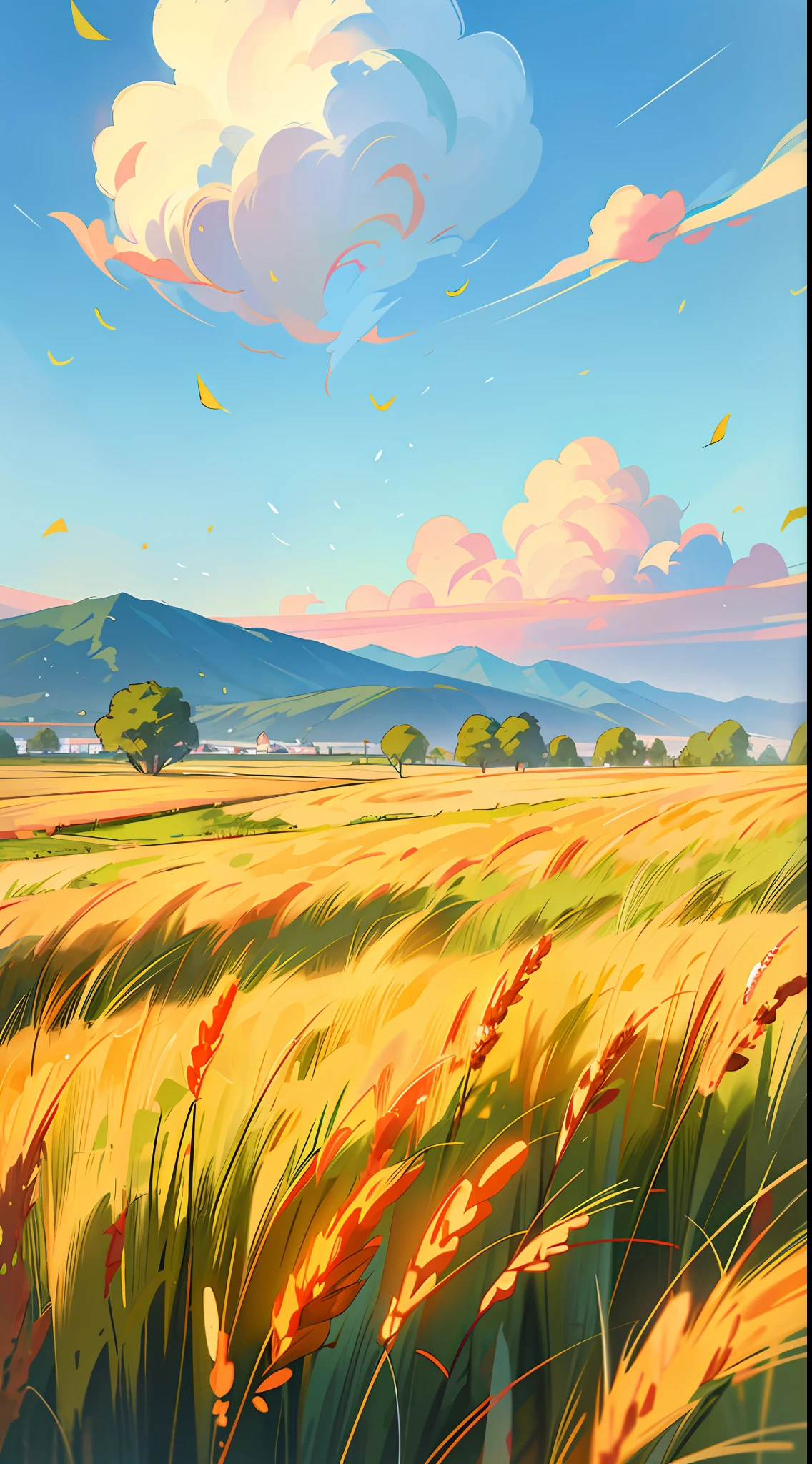 Autumn，（beginning of autumn），（Close-up of light green wheat field）（Mai Lang），Cyan mountains in the distance，Yellowish ginkgo biloba leaves flutter in the air，（with blue sky and white clouds），（Higher purity），（Moderate saturation），（Clean picture），The picture brings an elegant and relaxing feeling，Add a natural calm and unique atmosphere，low perspective，（depth of fields），（ssee-through），Normal composition，（Simple），（8K），High quality and clarity，hyper HD，（best qualtiy）