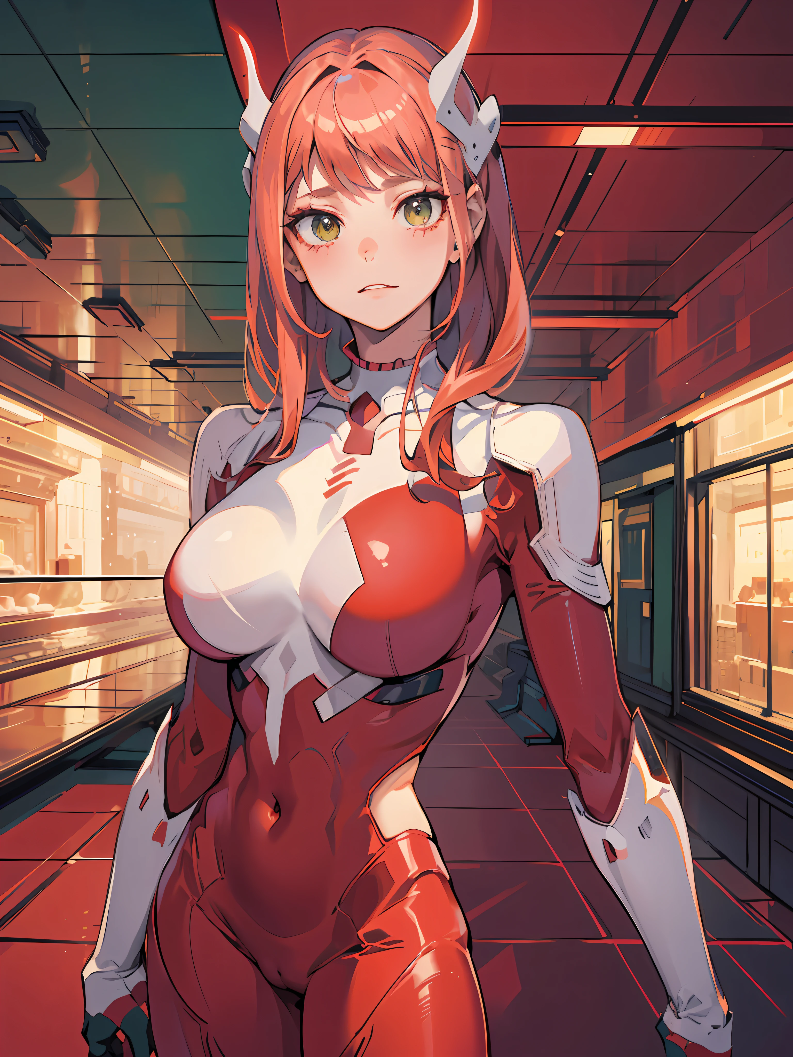 zero two \(darling on franxx\), darling on franxx, 1girl, bangs, bite, shadow, long hair, small breasts, big thighs, red bodysuit, green eyes, makeup, pair of small red horns, pink hair, red eyeshadow, soil, sunshine