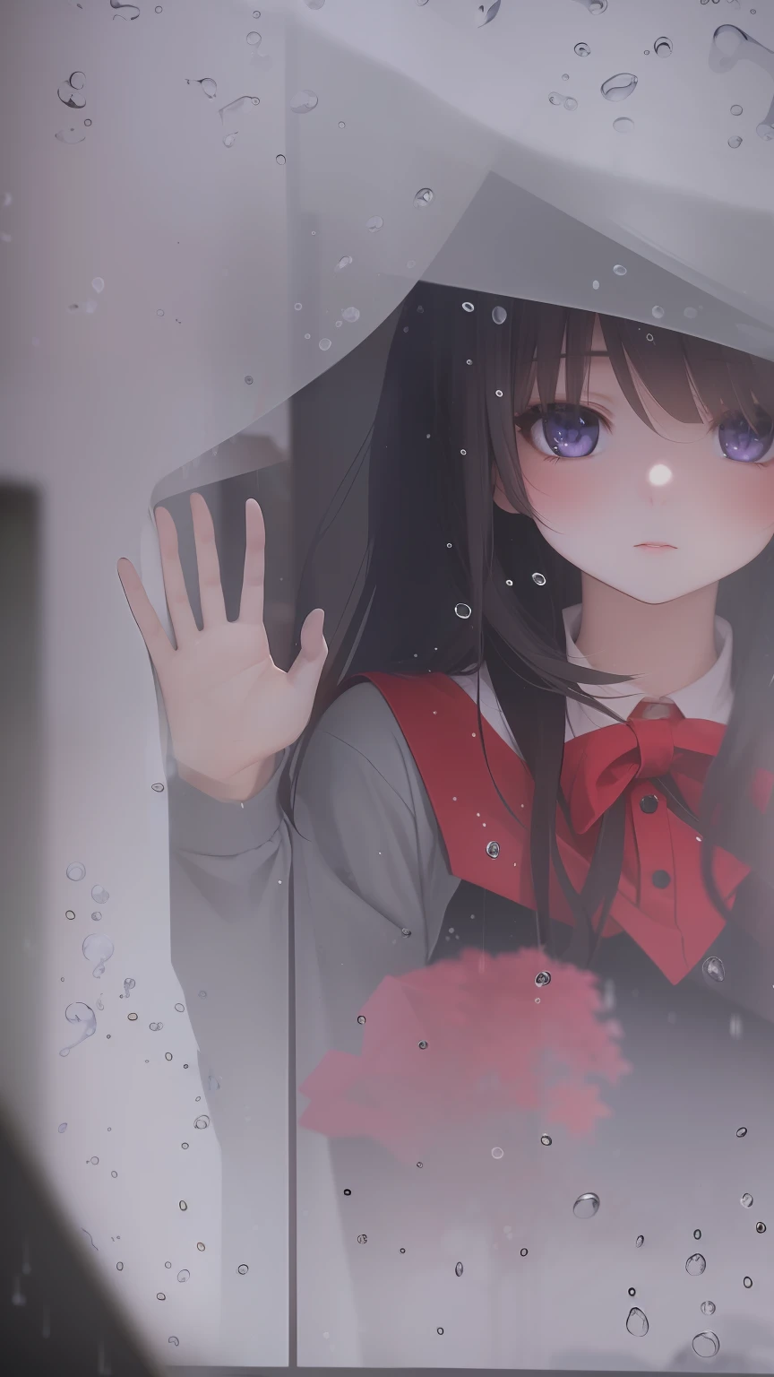 there is a girl that is looking out of a window, anime styled 3d, rin tohsaka, raining!!, render of a cute 3d anime girl, 3d anime girl, raining!, anime style. 8k, realistic anime 3 d style, mysterious girl, raining, close up iwakura lain, anime 3 d art, by Jin Homura