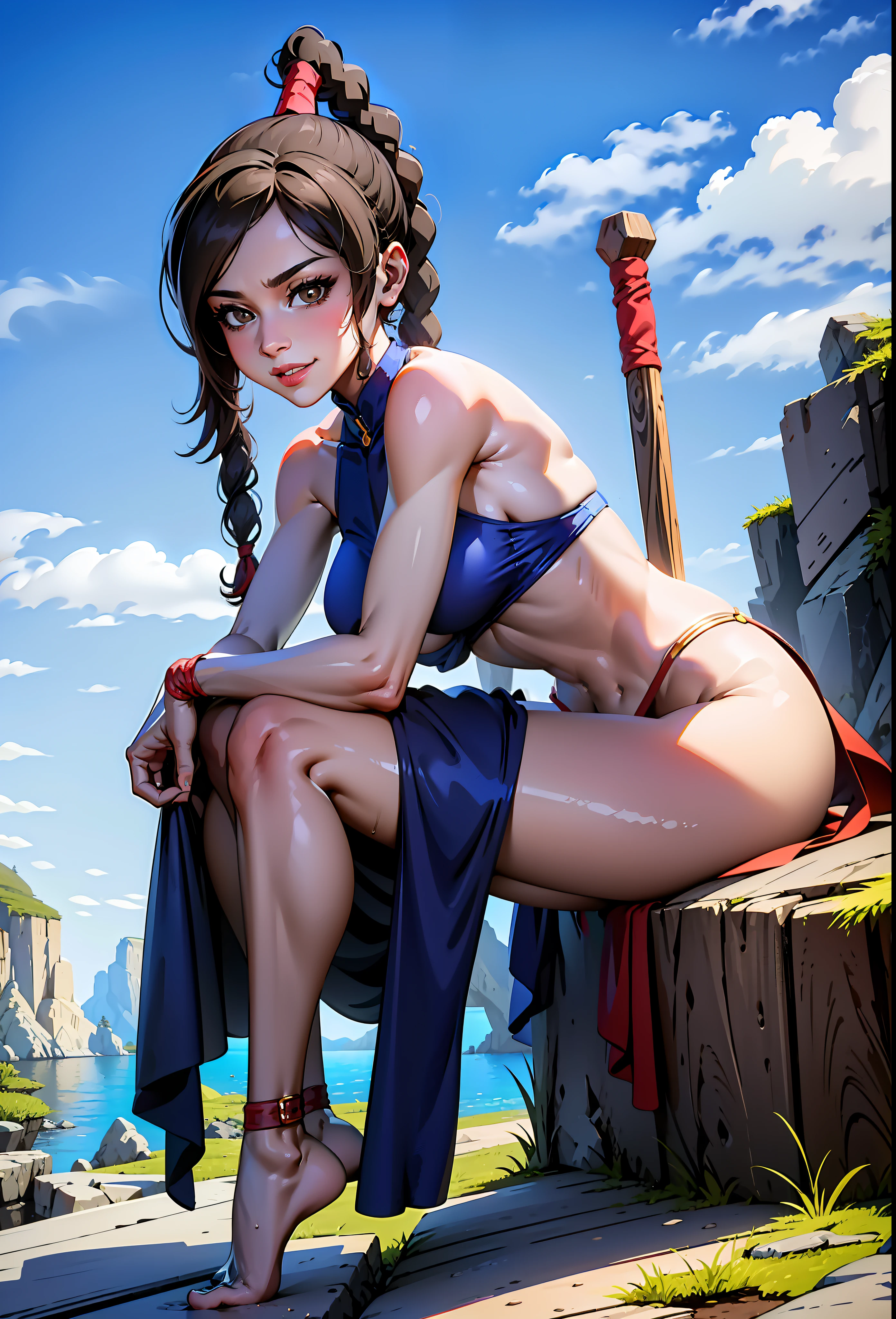 ultra-realistic 8K CG, masterpiece, ((ultra detailed background, fine drawing, intricate details, high detail, better fine details, hyper-detailed face)), (photorealistic: 1.4), beautiful lighting, absurdity, RAW photo, film grain, TyLee, 1girl, solo, brown hair, braid, smile, long hair, brown eyes, belly button, braided tail, (thong, long footbok), (medium breasts, slim girl, wide hips), wet face, set legs, (complex detailed background, outside, medieval background, blue sky, tavern)), erotica