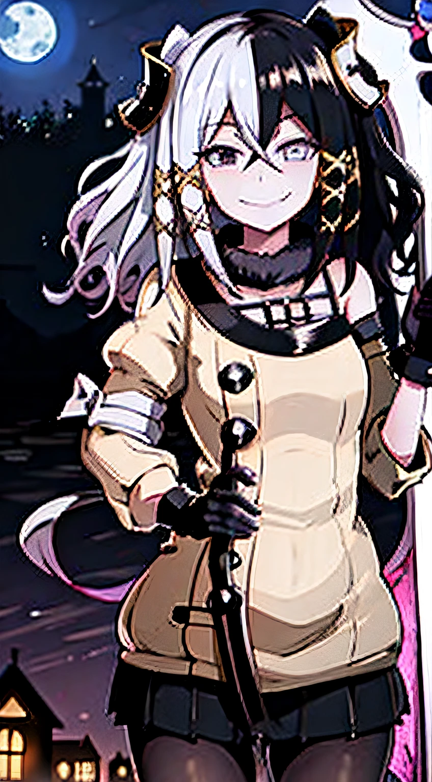 holding big scythe, outside castle, night time, evil smile
