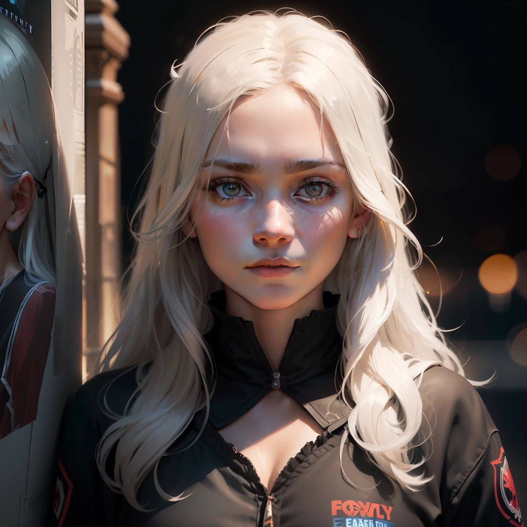 (front focus), (in the dark:1.6), Hyperrealist portrait of female by david hockney and alphonse mucha, fantasy art, photo realistic, dynamic lighting, artstation, poster, volumetric lighting, very detailed faces, 4 k, award winning, 1girl, in the dark, deep shadow, low key, cowboy shot, (official clothing:1.4), long hair, white hair