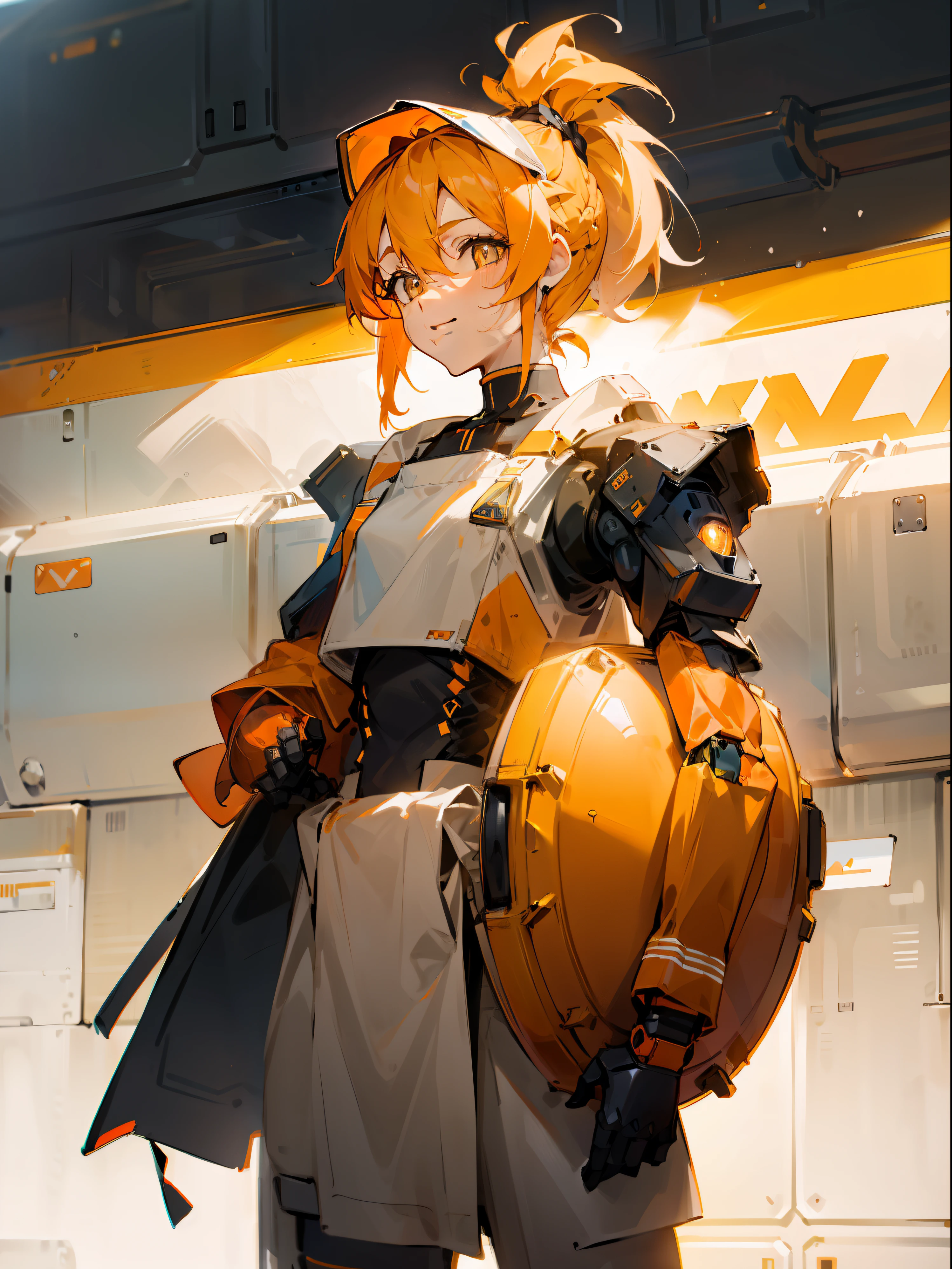 (Orange Ponytail:1.3),（Robot body:1.2),Standing open leg,White body,metal detail,Photograph from the knee up,Face Focus,Delivery Man,Luggage on the back,White sun visor,Front lighting,White room,A slight smil,closes mouth