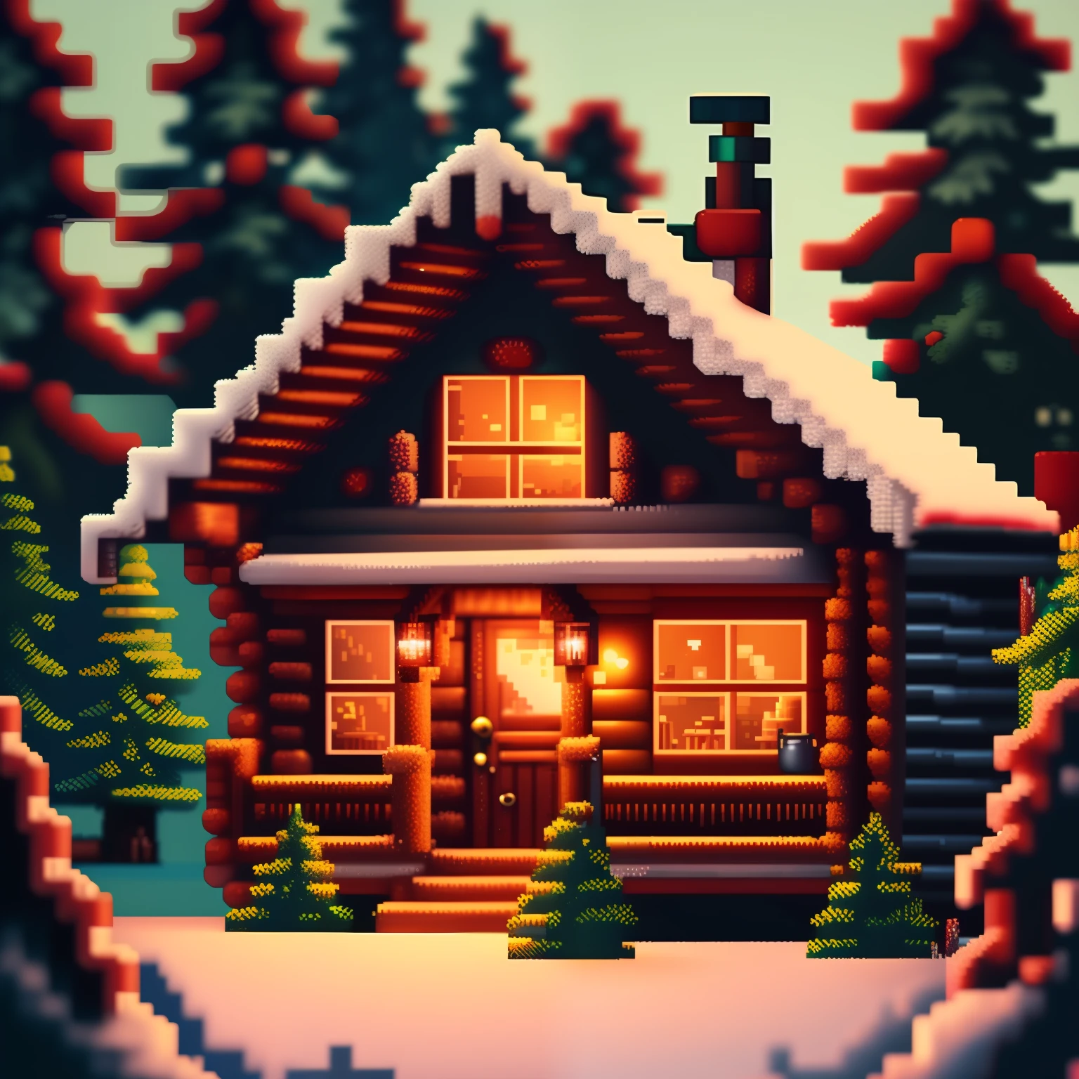 detailed pixel art of a cosy cabin in the woods, isometric, retro, intricate, bokeh, dramatic lighting, 8 k