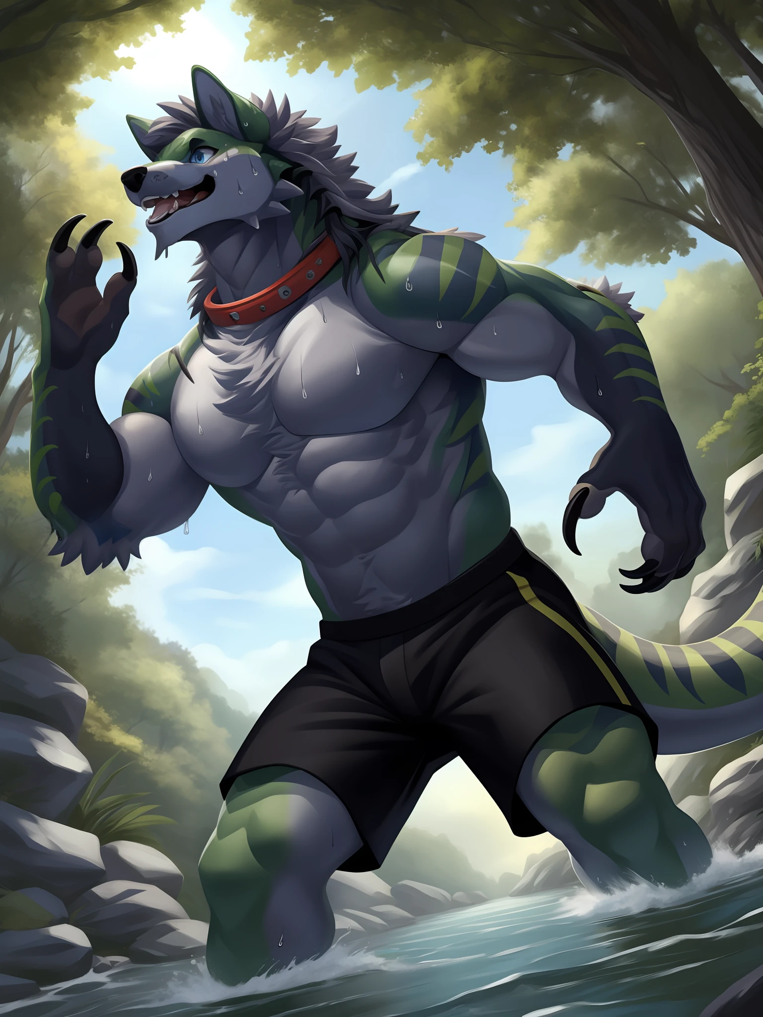 eyes with brightness, in a panoramic view, Character focus ，Full body like，独奏, shaggy, Furry male wolf， Black fur for men, blue color eyes, Gray hair(The long），Bare body，Black  shorts（Green stripes），In the forest，Handsome，Stand in the river，Water fights， There are lizard tails，Bust，drools，Collar，having fun，Reveal cute beast claws，Sweat，sportrait,, dynamic angle，Sharp claws