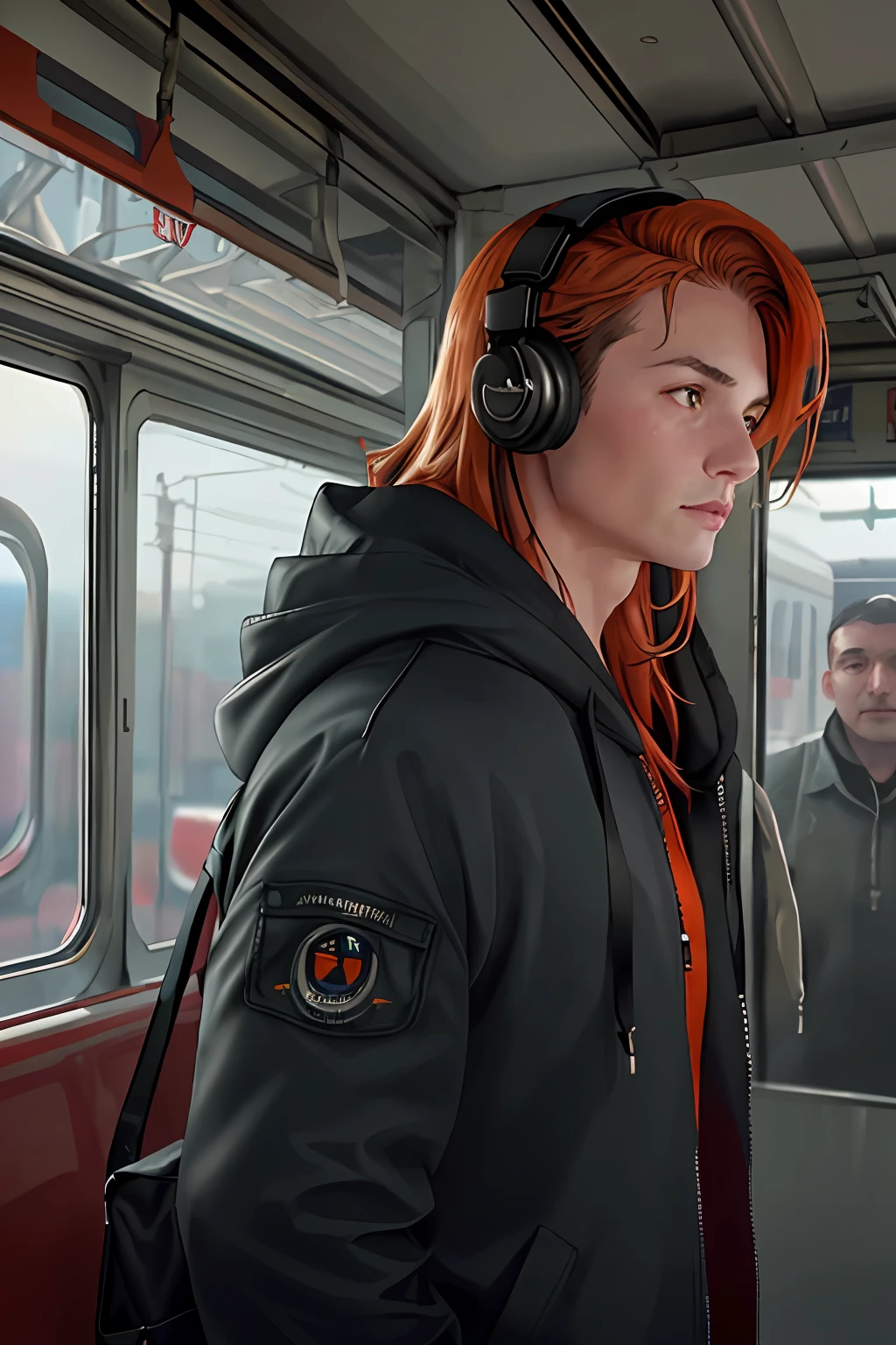 (masterpiece, sidelighting, ultra-detailed, finely detailed beautiful eyes: 1.2), 1boy, bag, building, from side, headphones, hood, hood down, hooded jacket, hoodie, jacket, long hair, orange hair, profile, red hair, solo, train, train interior, upper body, Masterpiece, best quality, (realistic:1.5), (real photo:1.5)