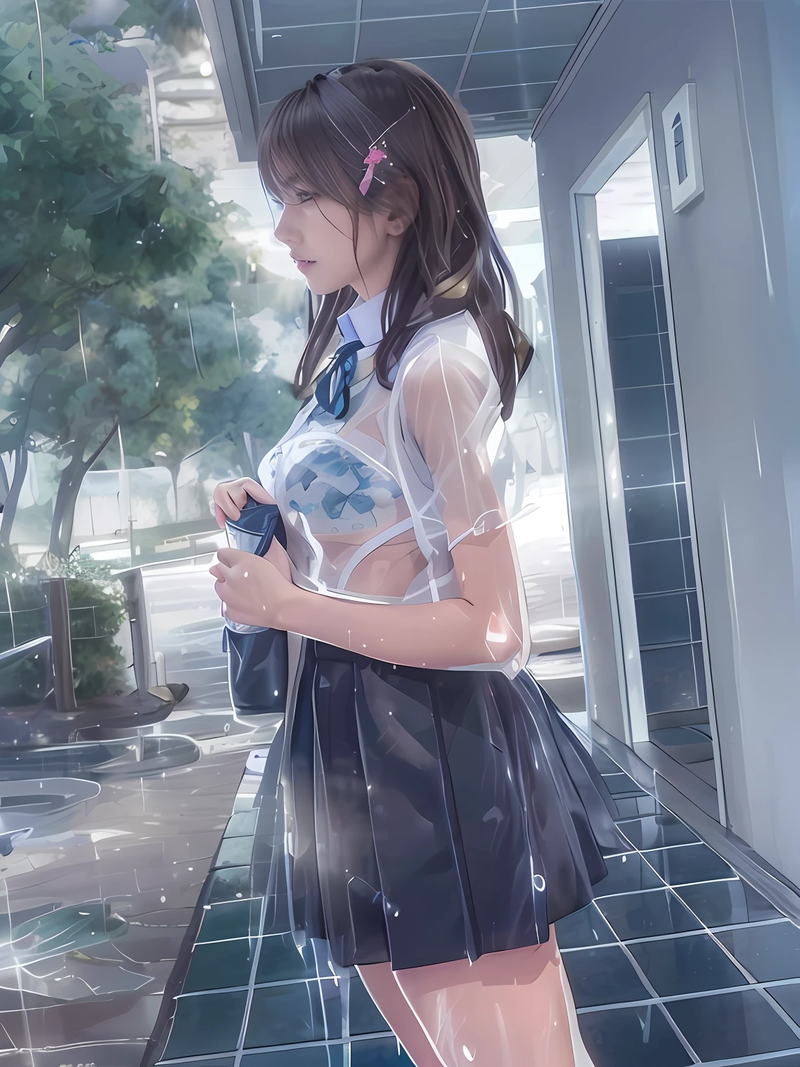 Girl with anxious expression closed eyes in uniform standing in the rain, after rain and no girl, beautiful anime high school girl, a hyperrealistic schoolgirl, in the style of makoto shinkai, raining outside, Realistic Schoolgirl, Shinkai Makoto style, It's raining outside, Smooth Anime CG Art, rainy wet, makoto shinkai art style, [ 4 k digital art ]!!Japanese Models, Young skinny gravure idol, Young Pretty Gravure Idol, hposing Gravure Idol, in bikini, Cute Bikini, gorgeous bikini model, Realistic Young Gravure Idol, Beautiful Asian Girl, Young Gravure Idol、Close up portrait of slim woman about , Slim body, beautiful upper body, Japanese Models, Perfect body, Slim body, photo of slim girl model, Beautiful body, jaw-dropping beauty, Photo of slim girl, waist - shot、girl portrait, realistic anime 3 d style, kawaii realistic portrait, Anime Realism Style, made with anime painter studio, [ 4 k photorealism ]!!, [ 4 k photorealism ]!!!, Smooth Anime CG Art, photorealistic anime, soft portrait shot 8 k, anime realism