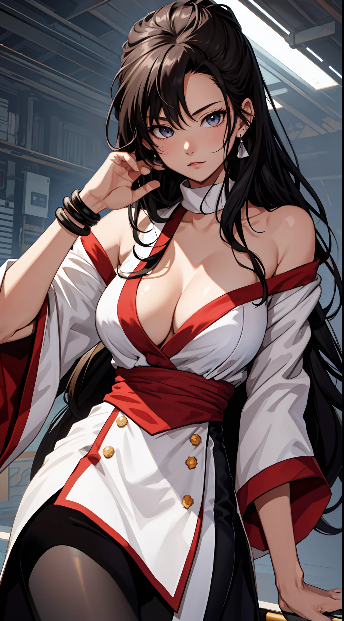 （tmasterpiece，best qualtiy，A high resolution，统一 8k 壁纸，Extremely detailed CG：1），（illustratio：1.0），1girll，chizurums，shairband，jewely，耳Nipple Ring，Wide sleeves，obi strip，bangle，Black pantsuit，Large breasts，（Off-the-shoulder attire），（cleavage）