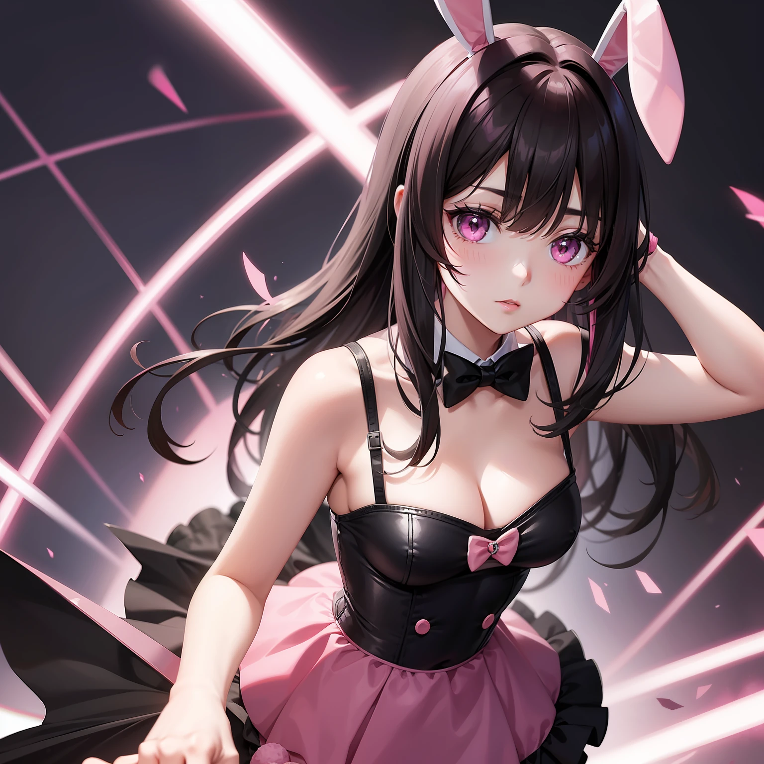 a women, pink bunny ears, black hair, pink eyes, pink dress