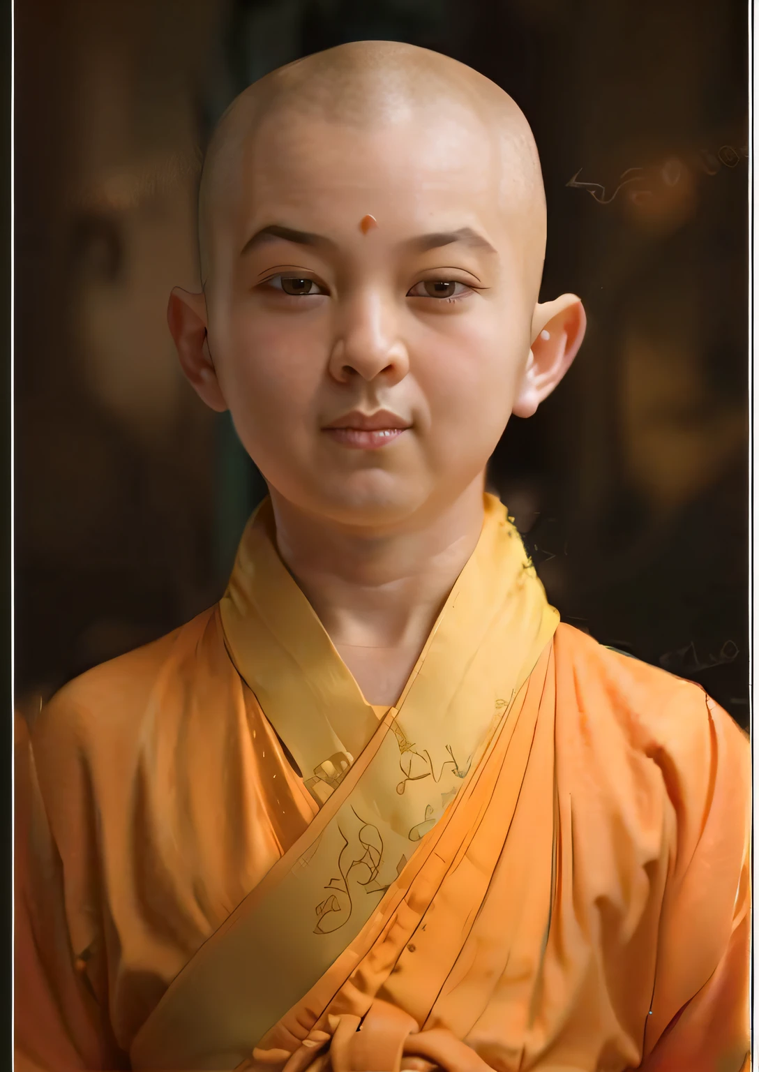 Close-up of a little boy with a shaved head, Buddhist, buddhist monk, portrait of monk, ruan jia beautiful!, monk clothes, aang, Buddhism, buzzed hair on temple, avatar aang, monk, yanjun cheng, high quality portrait, Ukrainian monks, wearing brown robes, yellow robes, monk meditation, by Ma Quan, dressed in simple robes,Keep smiling,There are dimples