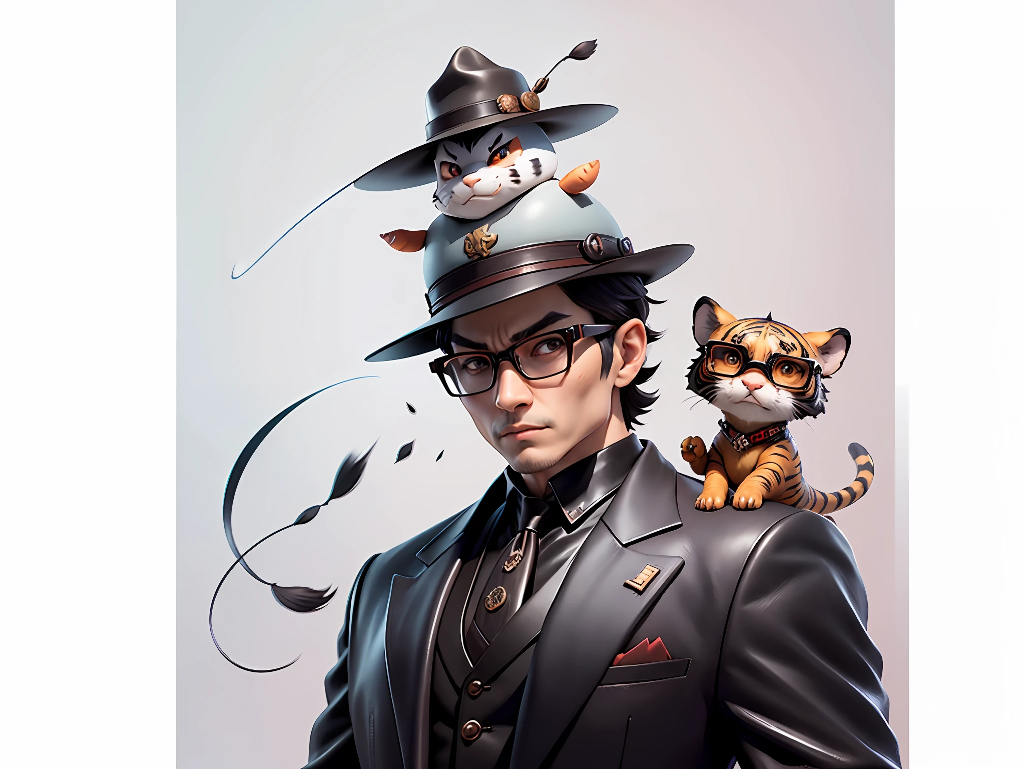 Young man with leather hat, tiger, dragon, oriental face in formal suit, short black hair, silver glasses, digital painting, 3D character design by Mark Clairedon and Pixar and Hayao Miyazaki and Akira Toriyama, the illustration is a high-definition illustration in 4K resolution with very detailed facial features and cartoon-style visuals.