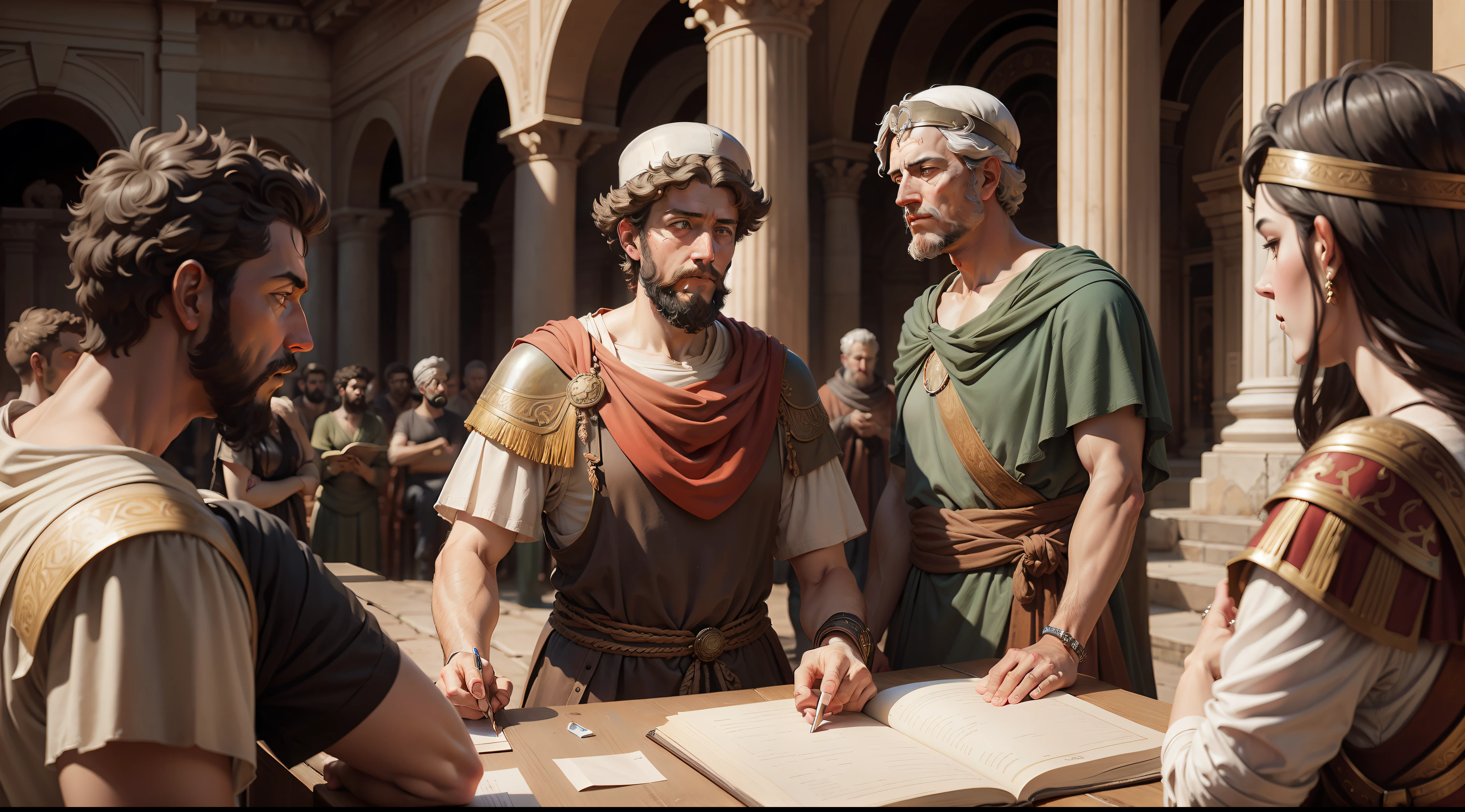 Marcus Aurelius teaching philosophical lessons to Roman citizens in the Forum, oil painting