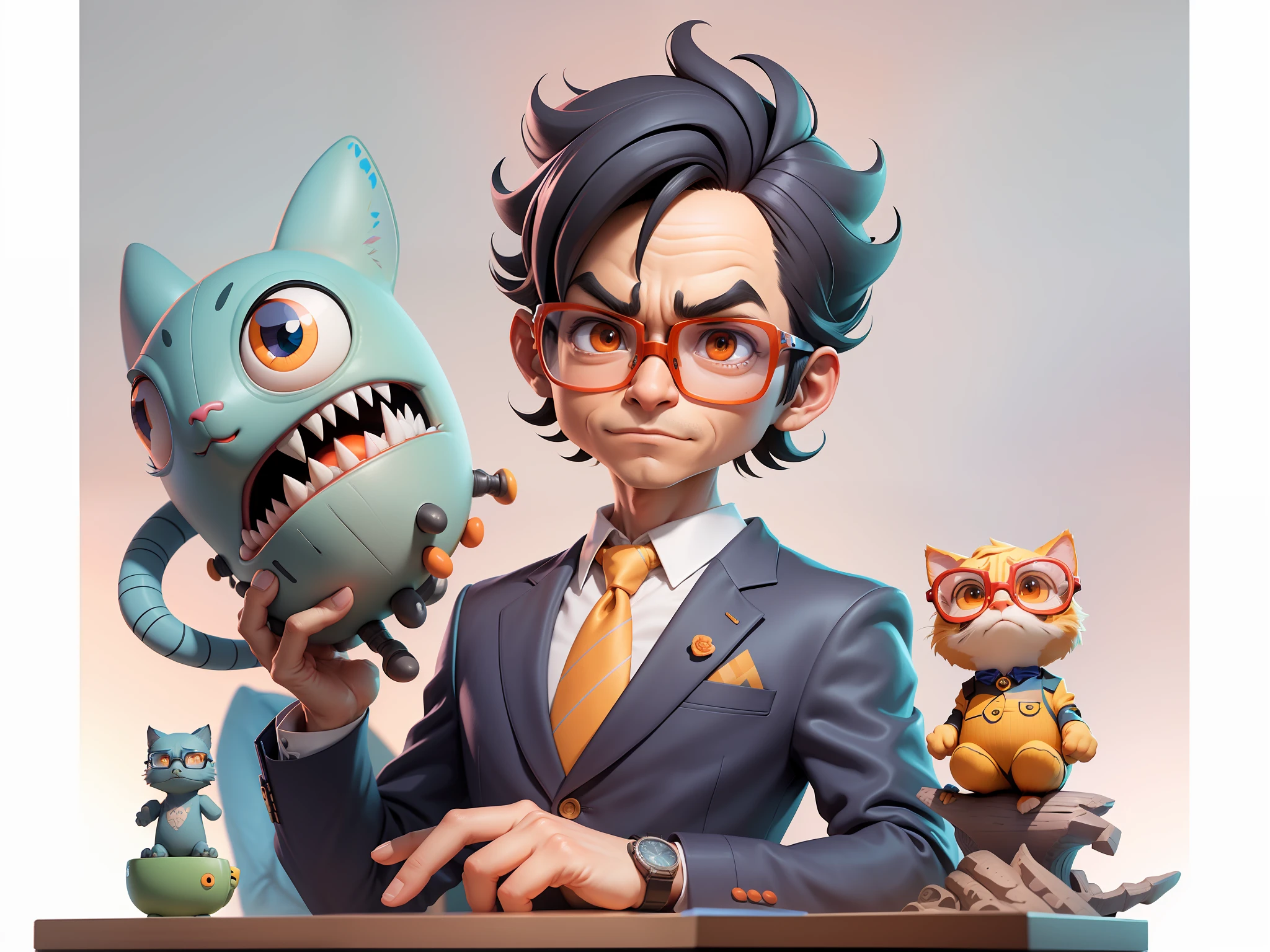 A young man in a suit, Short hair and glasses sat at his desk,holding laptop,digitial painting,tigre,3D character design by Mark Clairen and Pixar and Hayao Miyazaki and Akira Toriyama,4K HD illustration,Very detailed facial features and cartoon-style visuals。