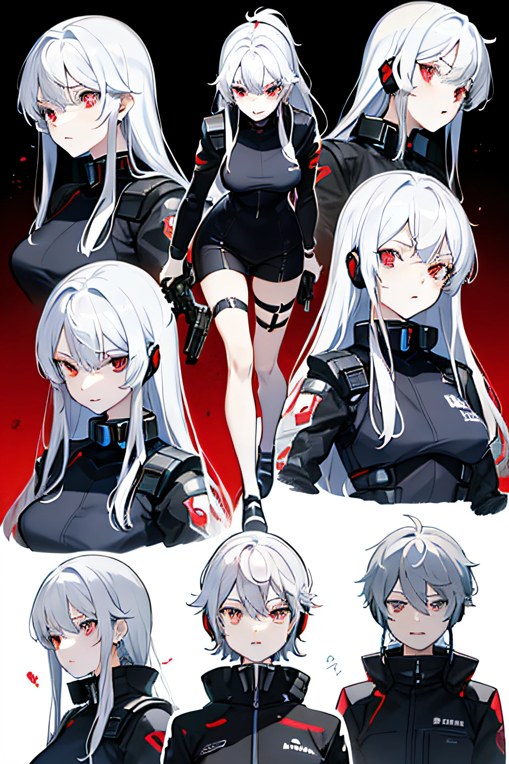 Science fiction girl,Equipped with sci-fi guns,Wearing a white sci-fi costume,long white hair,red color eyes,Rebellious personality,Bad laughs,Exudes evil,Mecha exoskeleton,Earphone,Three View,Different movements and expressions。