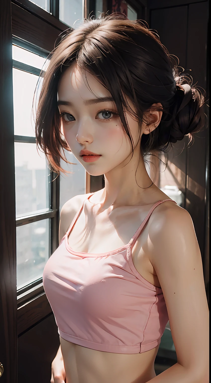 best qualtiy，tmasterpiece，超高分辨率，（fidelity：1.4），RAW photogr，1girl，Cropped crop top，Pink off-the-shoulders，cinmatic lighting